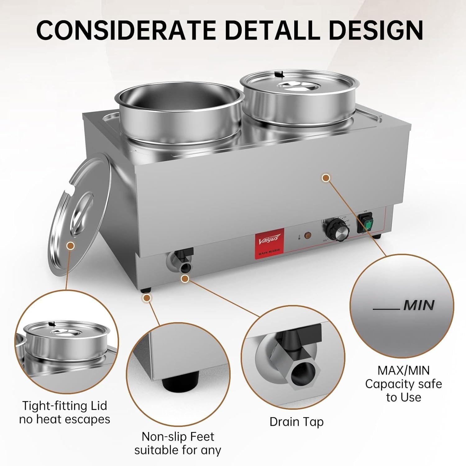 Valgus Commercial Stainless Steel 4 Sections Bain Marie Food Warmer 16 Qt Buffet Server with Lid and Tap for Home, Catering, Restaurants Valgus Commercial Stainless Steel 4 Sections Bain Marie Food Warmer 16 Qt Buffet Server with Lid and Tap for Home, Catering, Restaurants