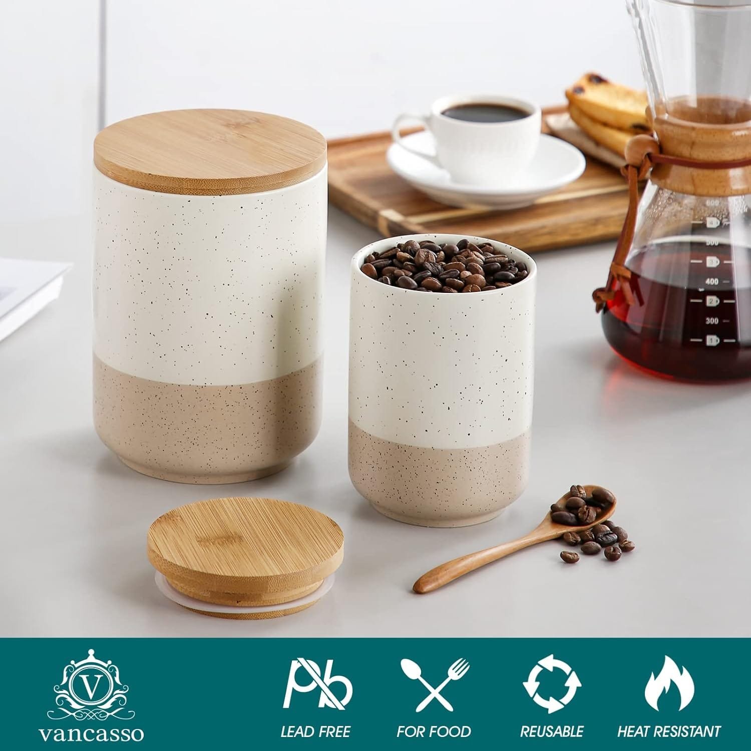 vancasso Sabine Canister Sets for Kitchen, Ceramic Kitchen Canisters for Countertop with Airtight Wood Lids, Large Flour and Sugar Containers for Coffee, Tea, Spice (Set of 3) vancasso Sabine Canister Sets for Kitchen, Ceramic Kitchen Canisters for Countertop with Airtight Wood Lids, Large Flour and Sugar Containers for Coffee, Tea, Spice (Set of 3)