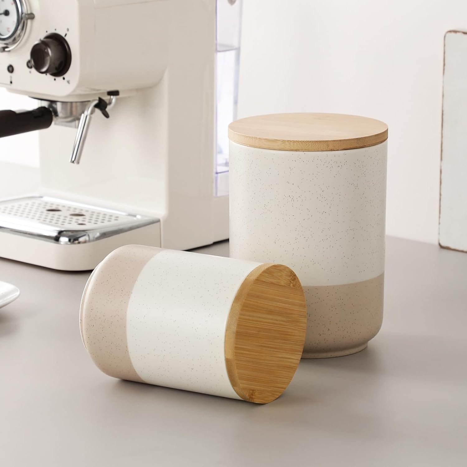 vancasso Sabine Canister Sets for Kitchen, Ceramic Kitchen Canisters for Countertop with Airtight Wood Lids, Large Flour and Sugar Containers for Coffee, Tea, Spice (Set of 3) vancasso Sabine Canister Sets for Kitchen, Ceramic Kitchen Canisters for Countertop with Airtight Wood Lids, Large Flour and Sugar Containers for Coffee, Tea, Spice (Set of 3)