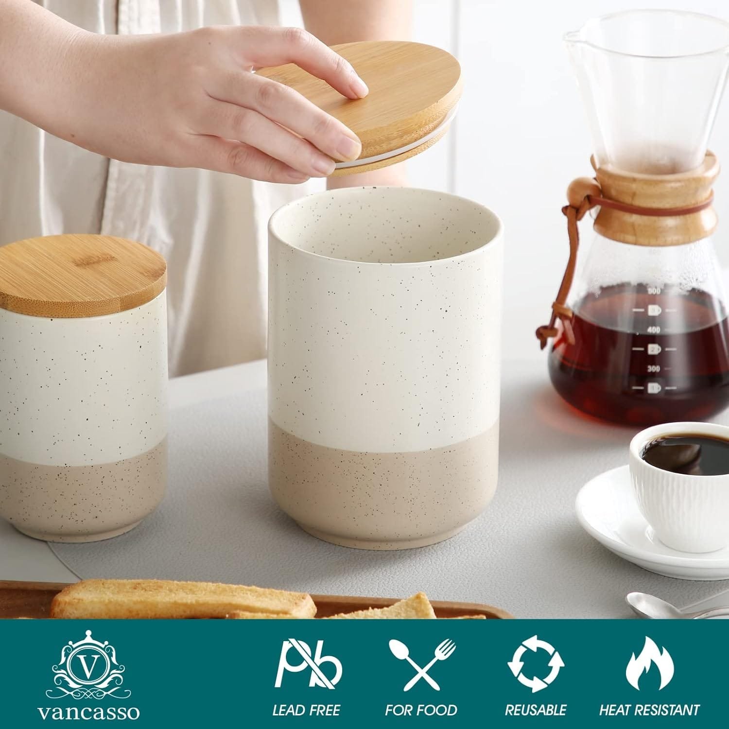 vancasso Sabine Canister Sets for Kitchen, Ceramic Kitchen Canisters for Countertop with Airtight Wood Lids, Large Flour and Sugar Containers for Coffee, Tea, Spice (Set of 3) vancasso Sabine Canister Sets for Kitchen, Ceramic Kitchen Canisters for Countertop with Airtight Wood Lids, Large Flour and Sugar Containers for Coffee, Tea, Spice (Set of 3)