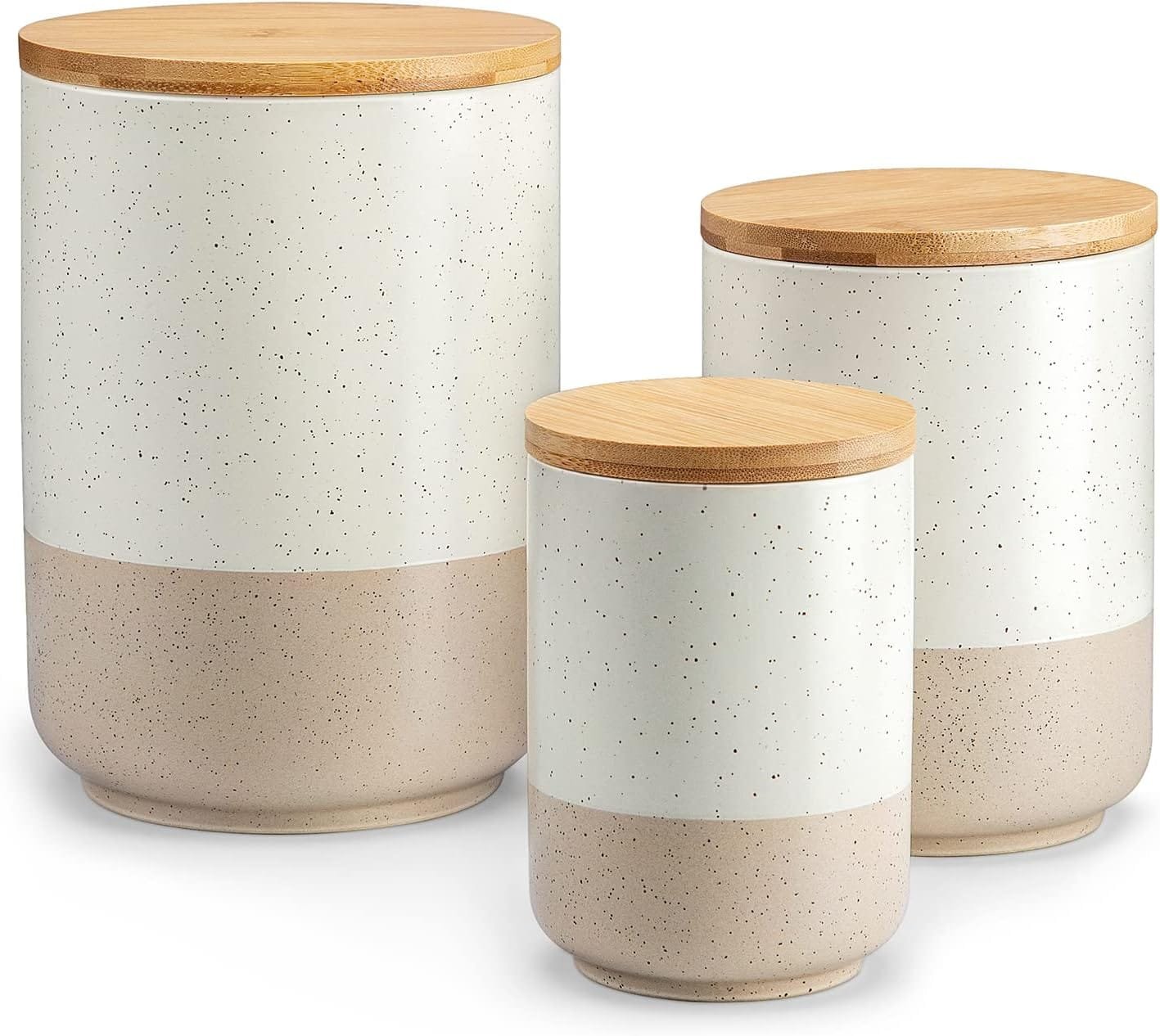 vancasso Sabine Canister Sets for Kitchen, Ceramic Kitchen Canisters for Countertop with Airtight Wood Lids, Large Flour and Sugar Containers for Coffee, Tea, Spice (Set of 3) vancasso Sabine Canister Sets for Kitchen, Ceramic Kitchen Canisters for Countertop with Airtight Wood Lids, Large Flour and Sugar Containers for Coffee, Tea, Spice (Set of 3)