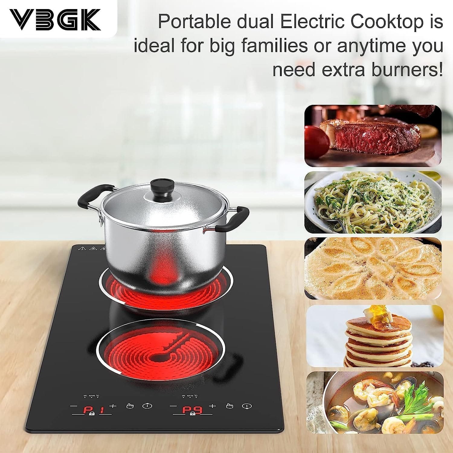 VBGK Electric Cooktop, 12 Inch Built-in Radiant Electric Stove Top, 110V 2100W Electric Stove with 2 Burners, 9 Heating Level, Timer  Kid Safety Lock, Sensor Touch Control Double Induction Cooktop