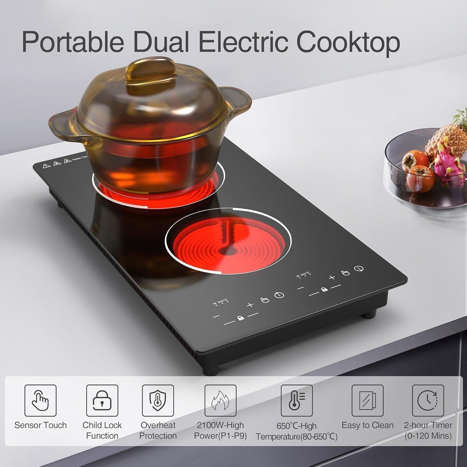 VBGK Electric Cooktop, 12 Inch Built-in Radiant Electric Stove Top, 110V 2100W Electric Stove with 2 Burners, 9 Heating Level, Timer  Kid Safety Lock, Sensor Touch Control Double Induction Cooktop