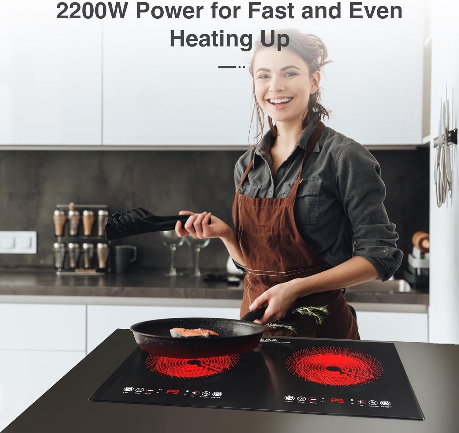 VBGK Electric cooktop,110V 24 inch 2 Burner Electric Cooktop,Built-in and Countertop Electric Stove Top,2200W Electric Stove,9 Power Levels, Kids Lock  Timer,LED touch control,Overheat Protection
