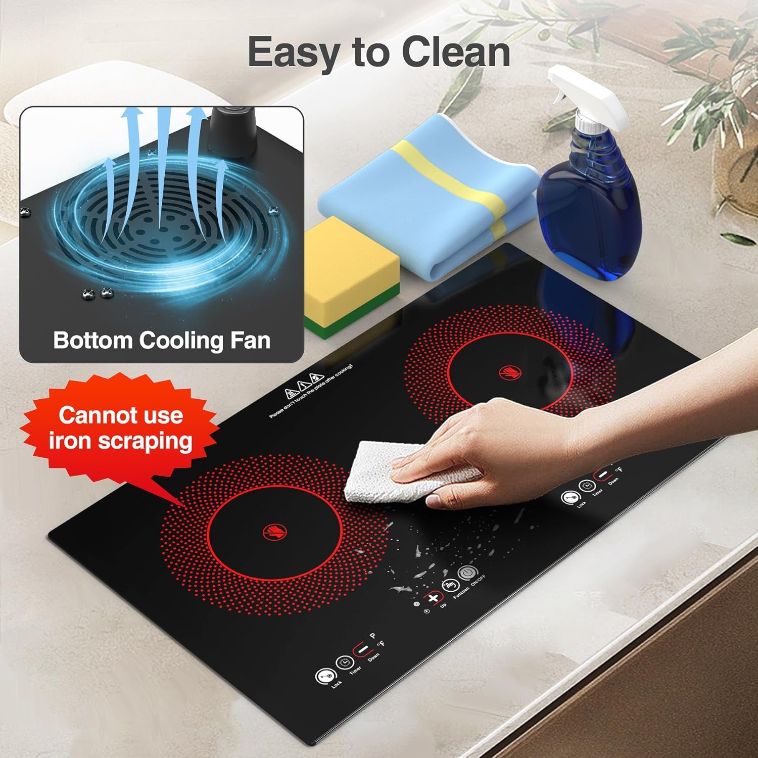 VBGK Electric cooktop,110V 24 inch 2 Burner Electric Cooktop,Built-in and Countertop Electric Stove Top,2200W Electric Stove,9 Power Levels, Kids Lock  Timer,LED touch control,Overheat Protection