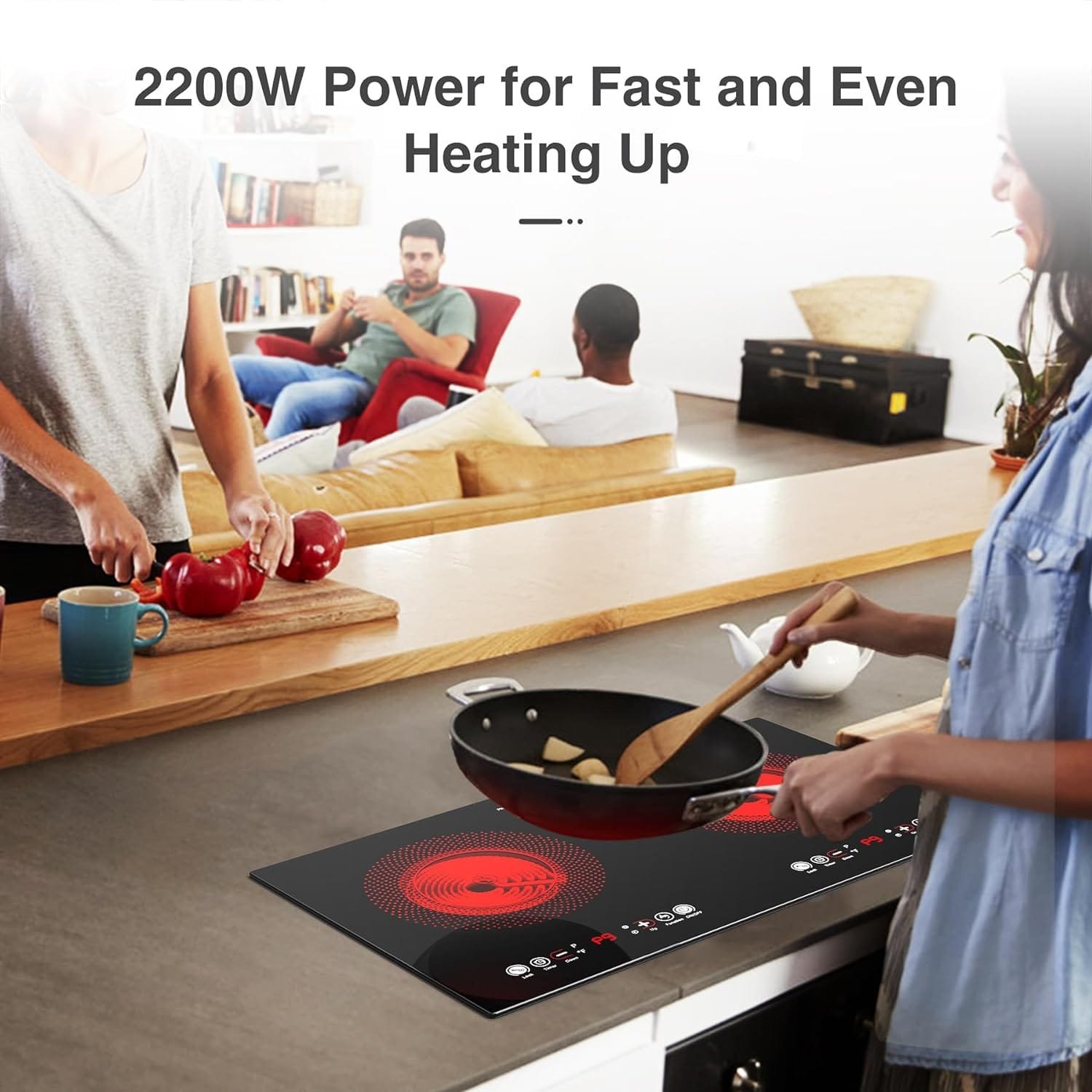 VBGK Electric cooktop,110V 24 inch 2 Burner Electric Cooktop,Built-in and Countertop Electric Stove Top,2200W Electric Stove,9 Power Levels, Kids Lock  Timer,LED touch control,Overheat Protection