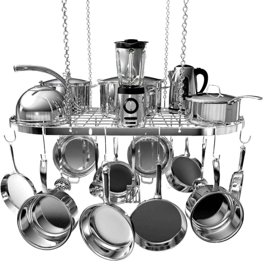 Vdomus Hanging Pot Rack Organizer - Heavy-duty, Rust Resistant Alloy Steel Ceiling Storage - Mounted Kitchen Overhead Pots Holder, Multi-Purpose Cookware, Utensils Hanger - 15 Hooks - 33 x 17, Black