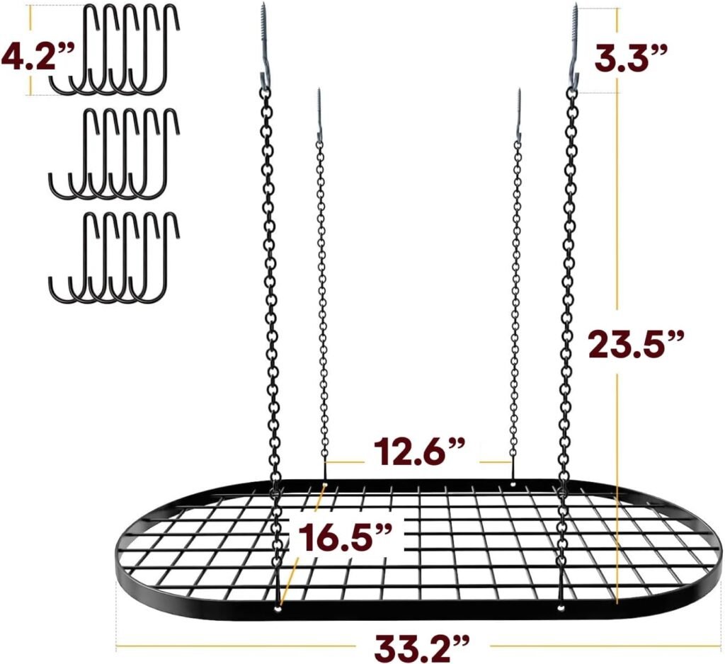 Vdomus Hanging Pot Rack Organizer - Heavy-duty, Rust Resistant Alloy Steel Ceiling Storage - Mounted Kitchen Overhead Pots Holder, Multi-Purpose Cookware, Utensils Hanger - 15 Hooks - 33 x 17, Black