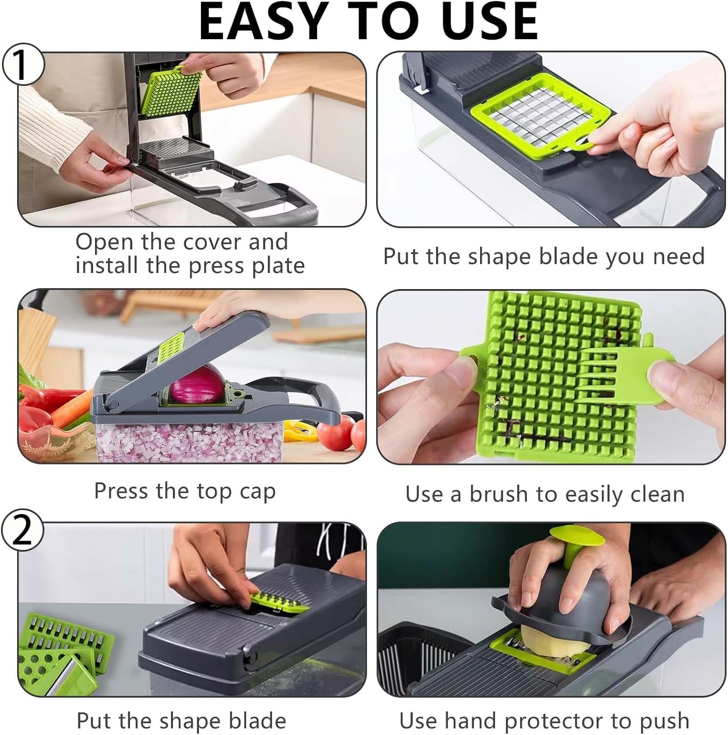 Vegetable Chopper Dicer with Container | Cheese Grater Mandoline Slicer Cabbage Shredder French Fry Cutter Stainless Steel for Veggie Onion Fruit Food, Manual Hand Cooking Gadget for Kitchen