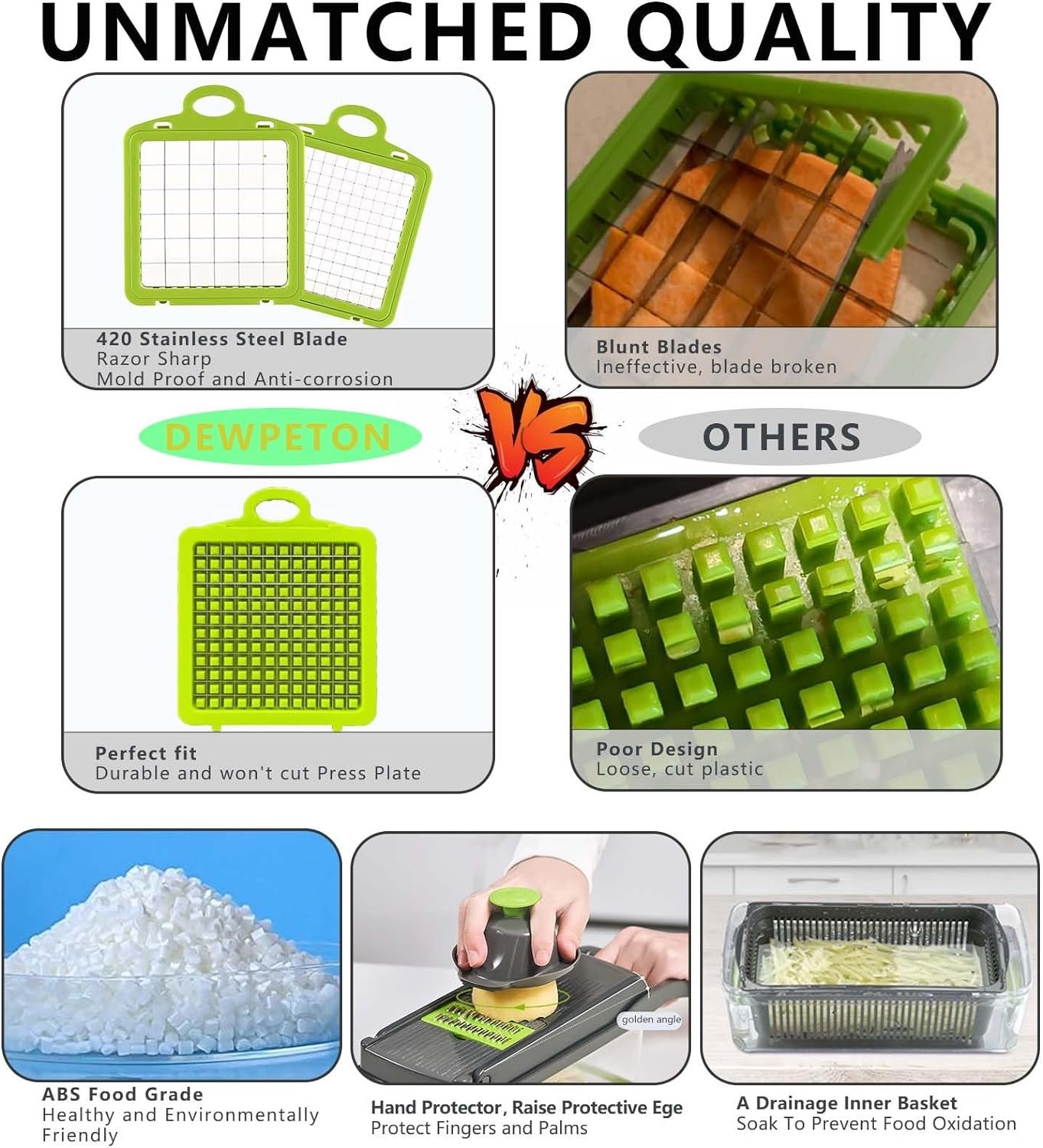 Vegetable Chopper Dicer with Container | Cheese Grater Mandoline Slicer Cabbage Shredder French Fry Cutter Stainless Steel for Veggie Onion Fruit Food, Manual Hand Cooking Gadget for Kitchen