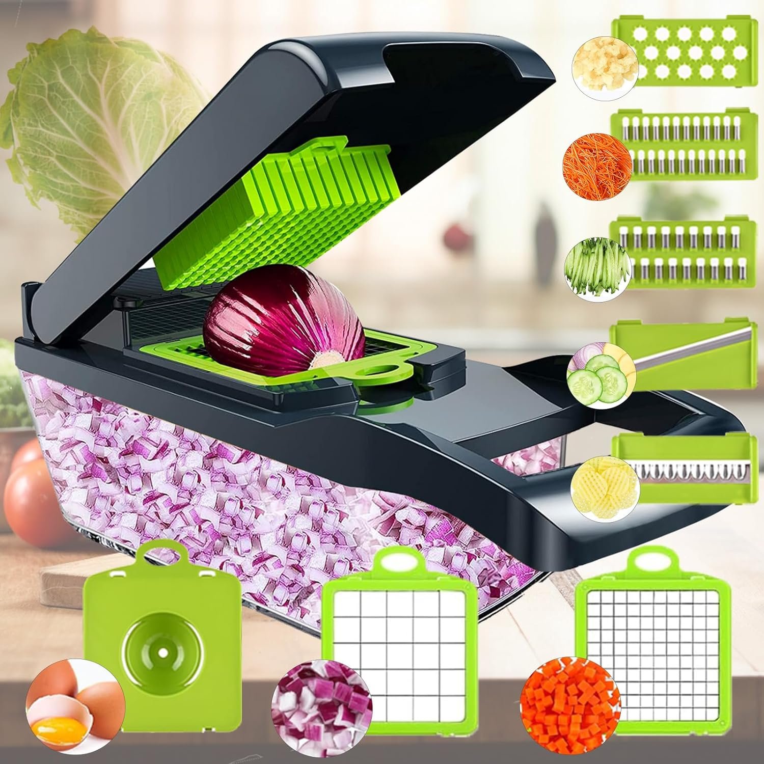 Vegetable Chopper Dicer with Container | Cheese Grater Mandoline Slicer Cabbage Shredder French Fry Cutter Stainless Steel for Veggie Onion Fruit Food, Manual Hand Cooking Gadget for Kitchen