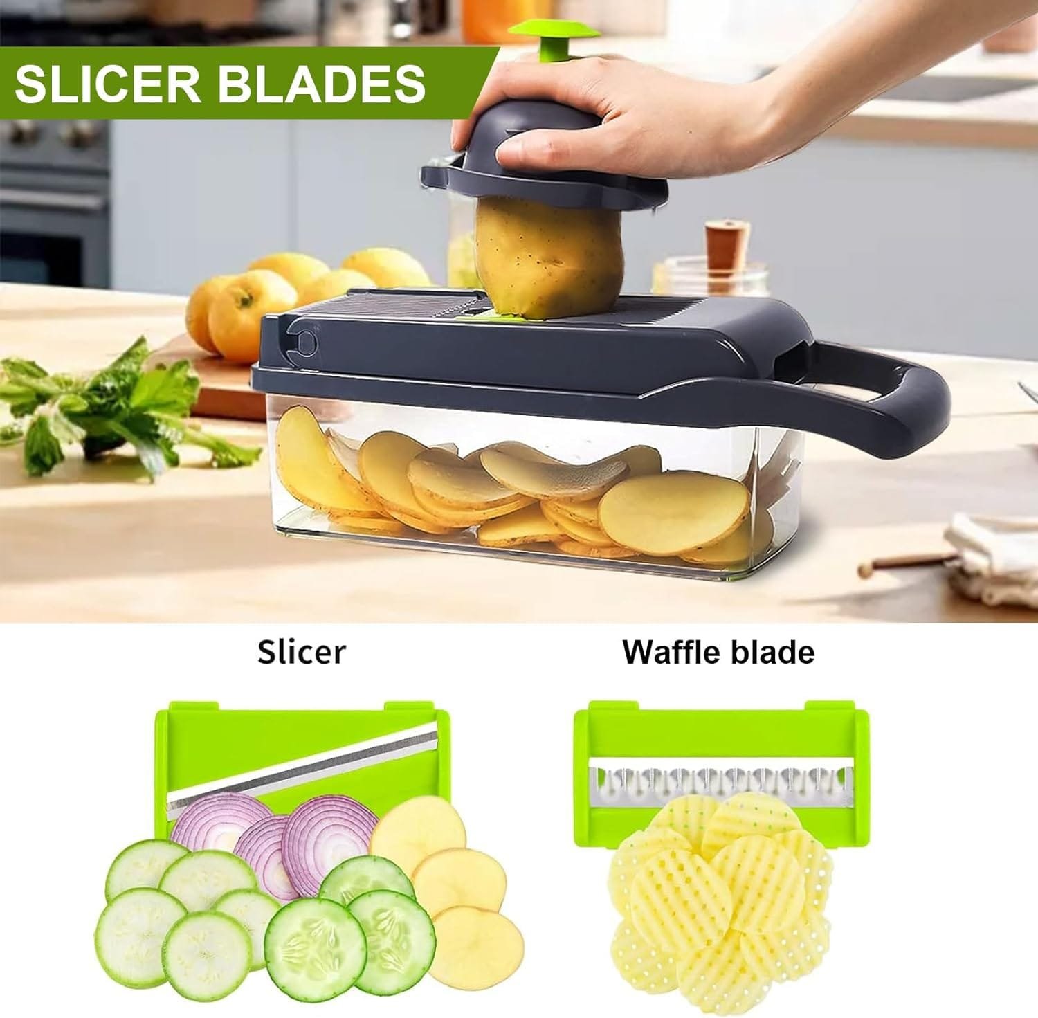 Vegetable Chopper, Fzyoayzm Pro Onion Chopper, 14 in 1 Multifunctional Food Chopper Spiralizer Vegetable Slicer Cutter Dicer Veggie Chopper With Container and 8 Blades