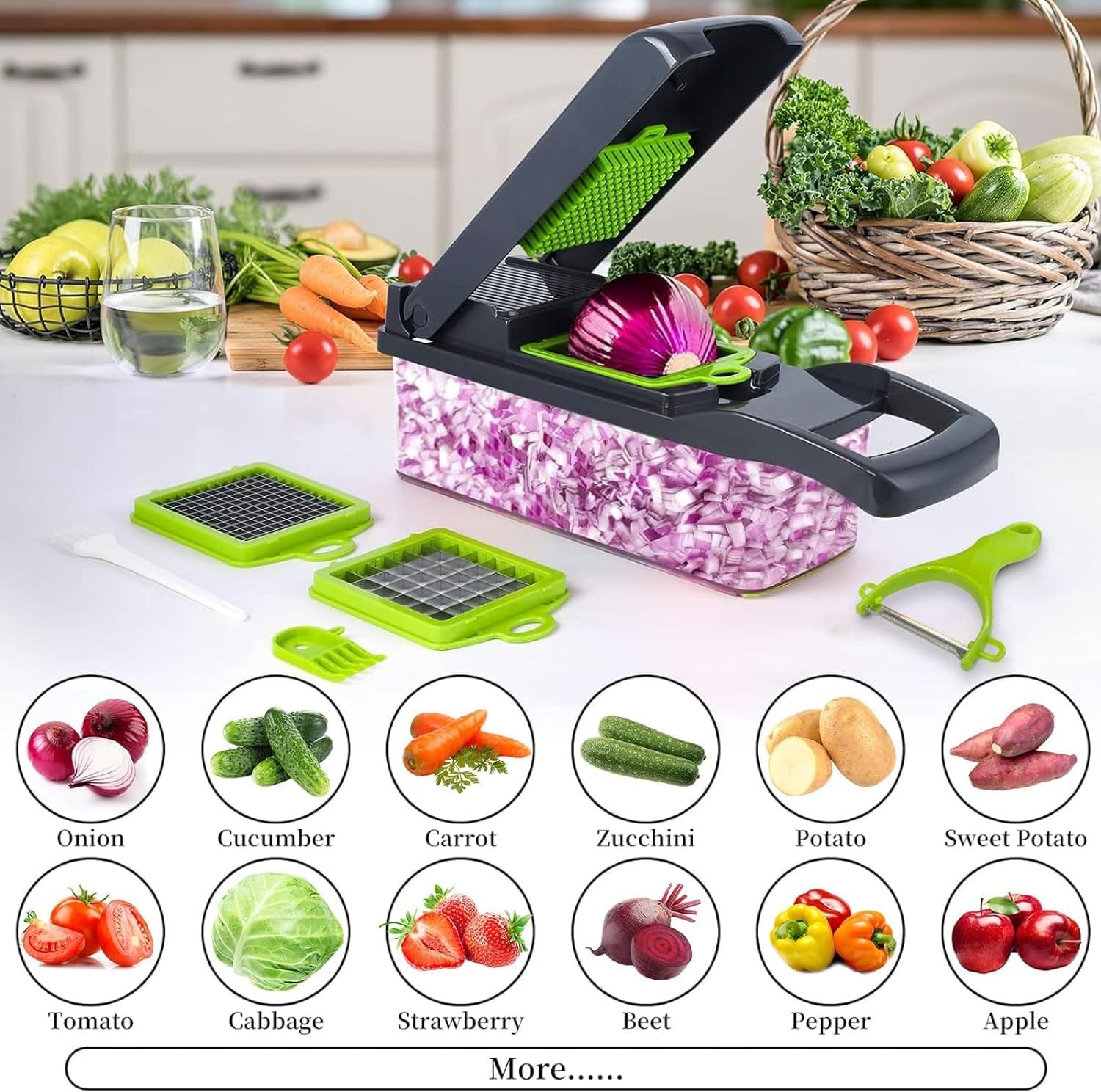 Vegetable Chopper, Fzyoayzm Pro Onion Chopper, 14 in 1 Multifunctional Food Chopper Spiralizer Vegetable Slicer Cutter Dicer Veggie Chopper With Container and 8 Blades