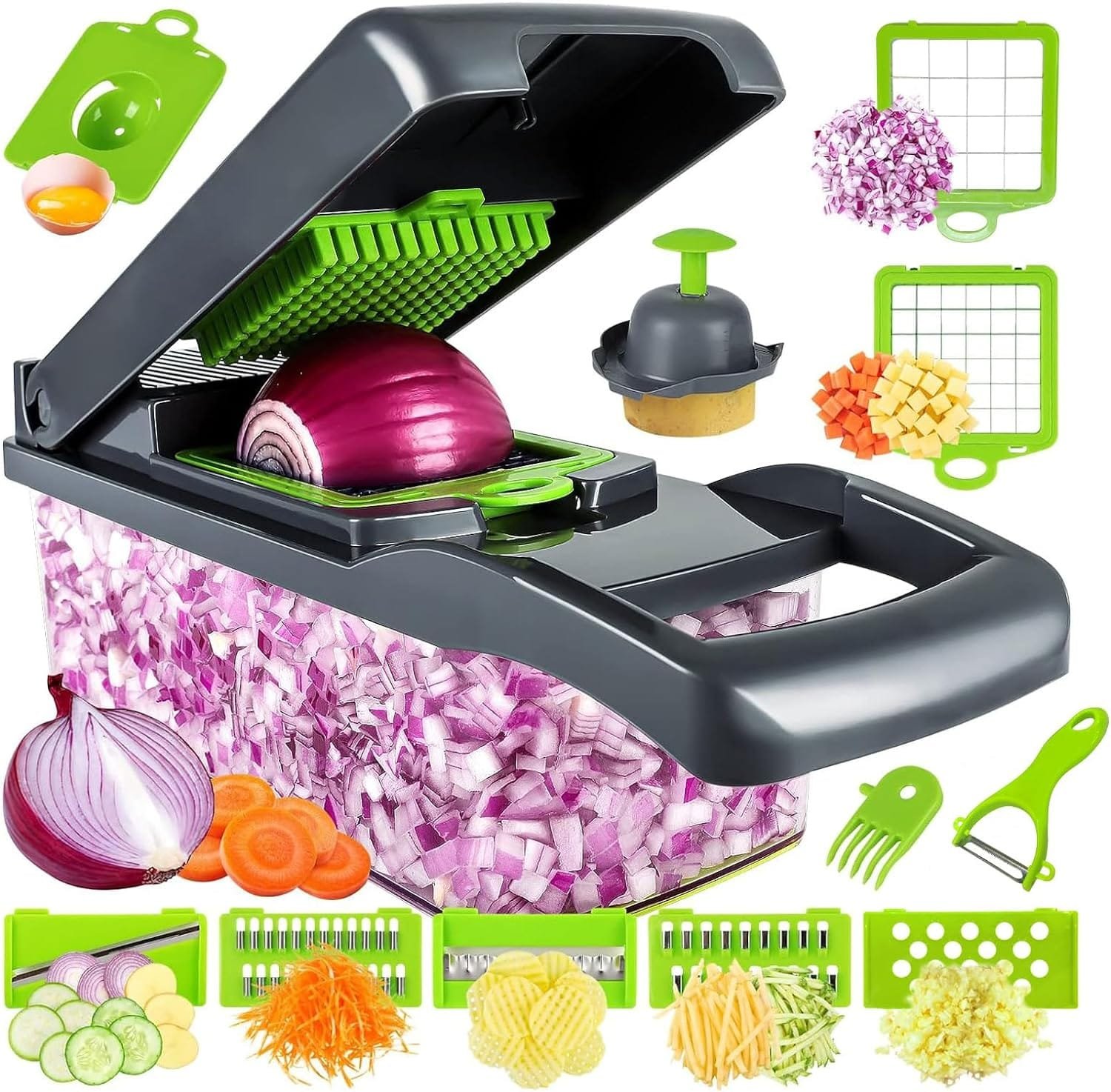 Vegetable Chopper, Fzyoayzm Pro Onion Chopper, 14 in 1 Multifunctional Food Chopper Spiralizer Vegetable Slicer Cutter Dicer Veggie Chopper With Container and 8 Blades