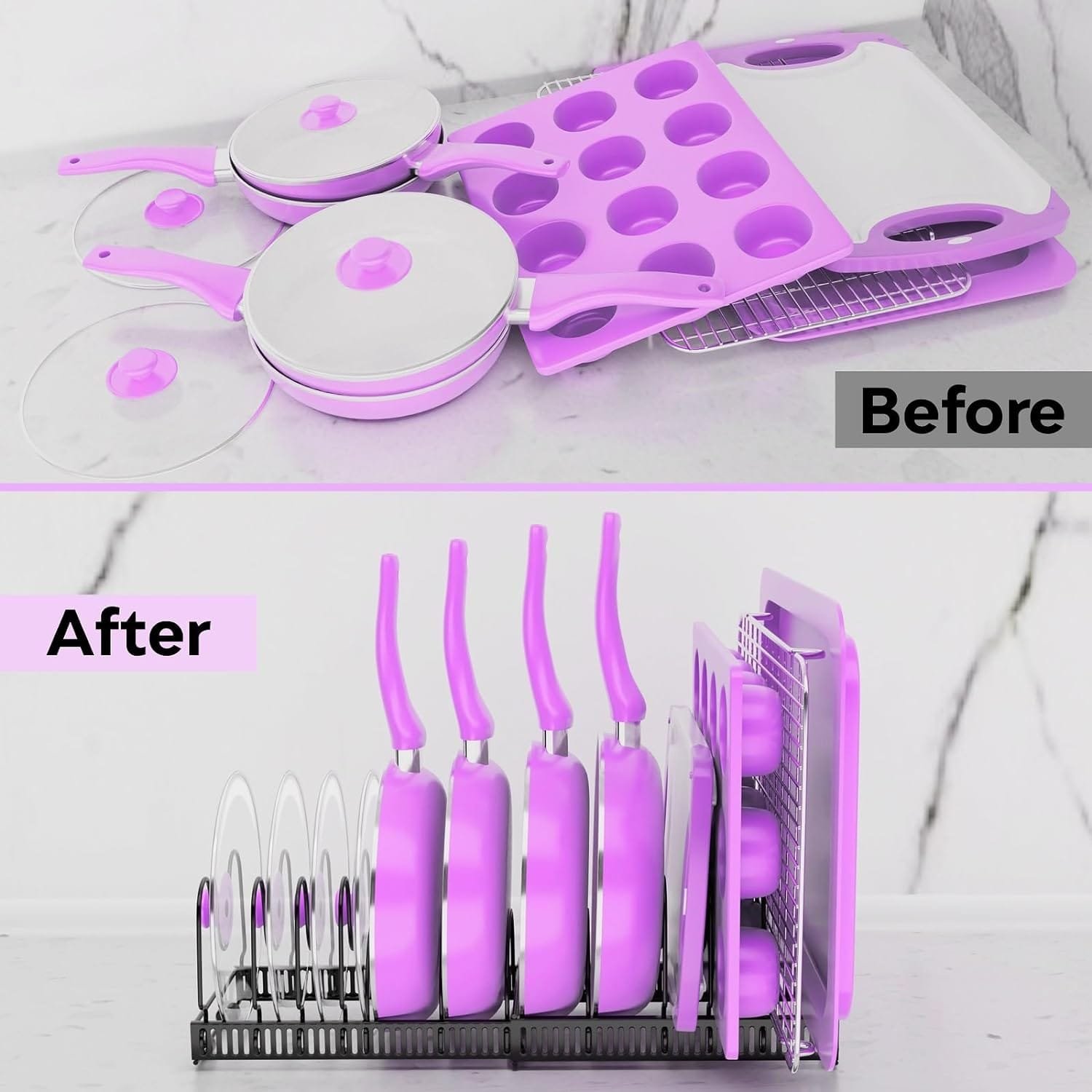 VELKPRO Pots and Pans Organizer Rack for Under Cabinet-Adjustable Kitchen Cabinet Holder-Ideal for Pot Lids, Cutting Boards, Cast-Iron Pans, and Heavy Cookware Storage VELKPRO Pots and Pans Organizer Rack for Under Cabinet-Adjustable Kitchen Cabinet Holder-Ideal for Pot Lids, Cutting Boards, Cast-Iron Pans, and Heavy Cookware Storage