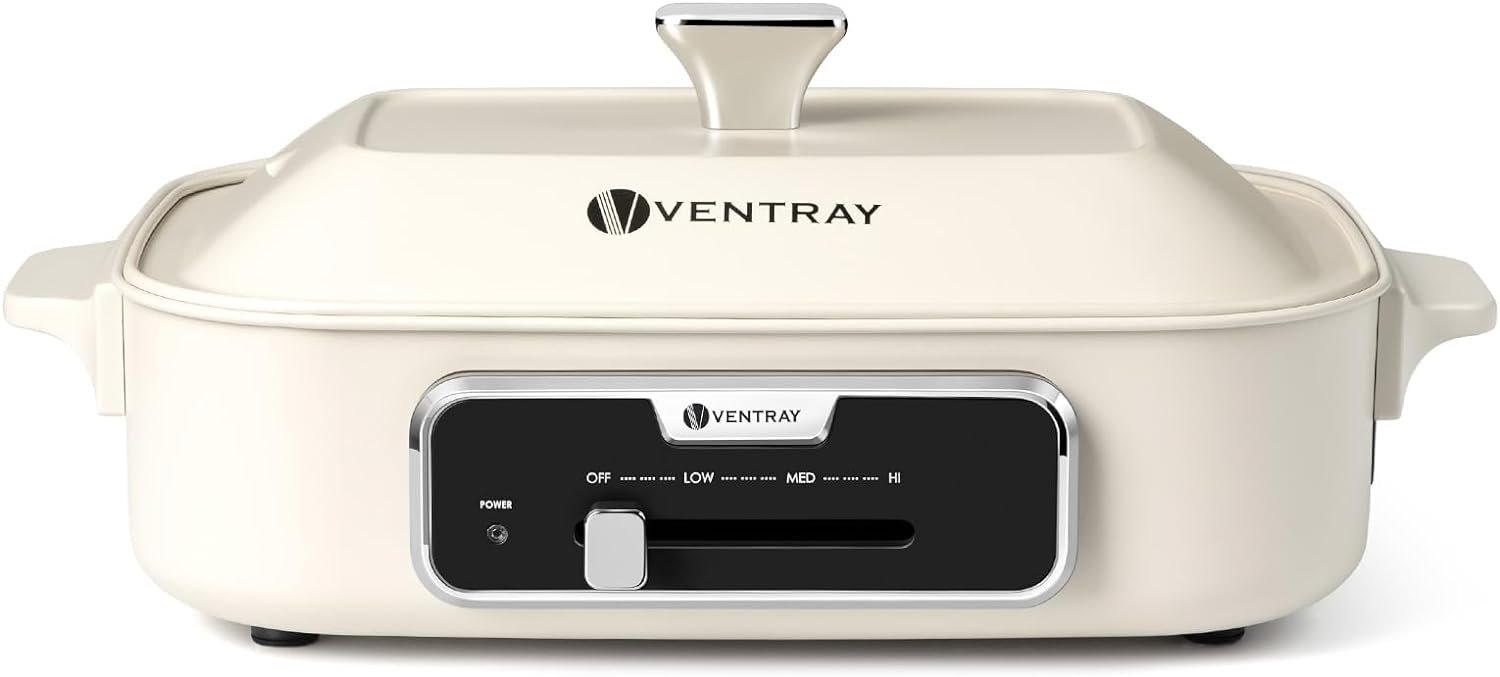 Ventray Classic 2.0 Indoor Electric Grill, Portable Korean BBQ Grill with Removable Griddle Plate, Lid, Nonstick Cooking Surface, Adjustable Temperature,1200W Powerful  Even Cooking (Mushroom White)