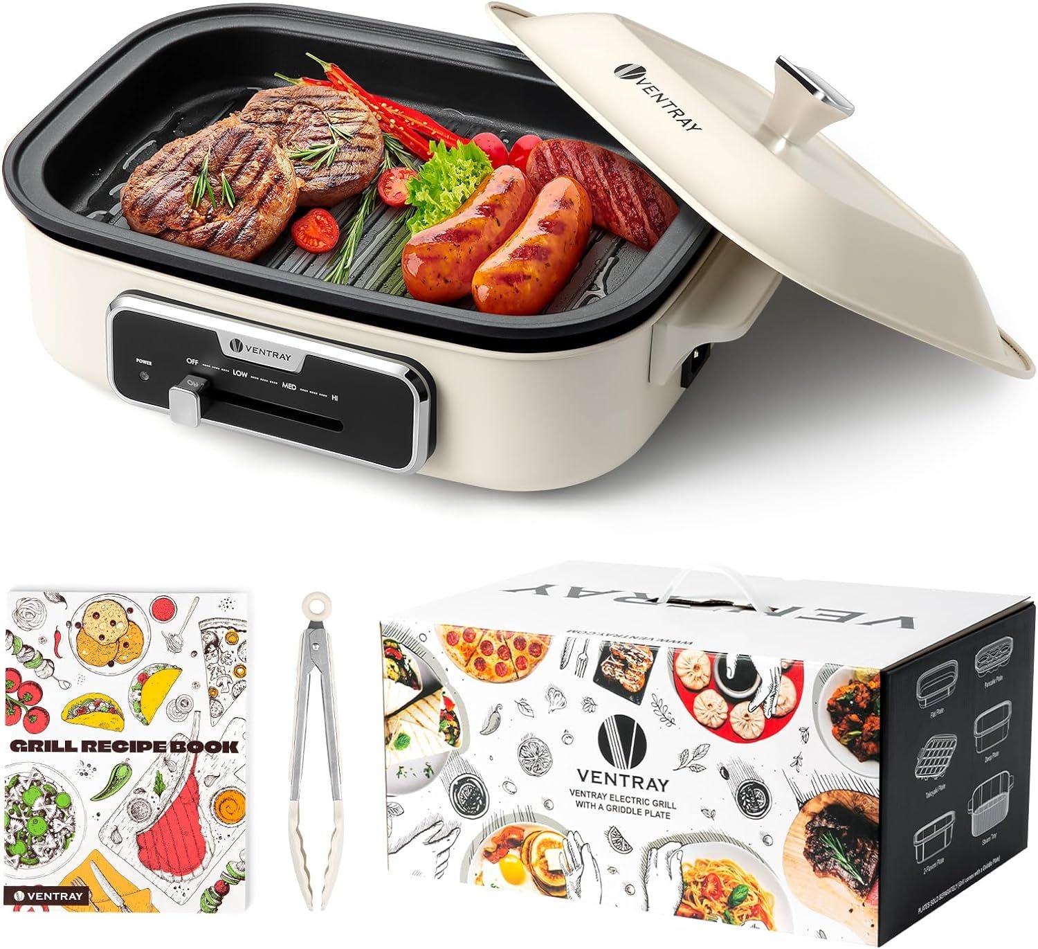 Ventray Classic 2.0 Indoor Electric Grill, Portable Korean BBQ Grill with Removable Griddle Plate, Lid, Nonstick Cooking Surface, Adjustable Temperature,1200W Powerful  Even Cooking (Mushroom White)