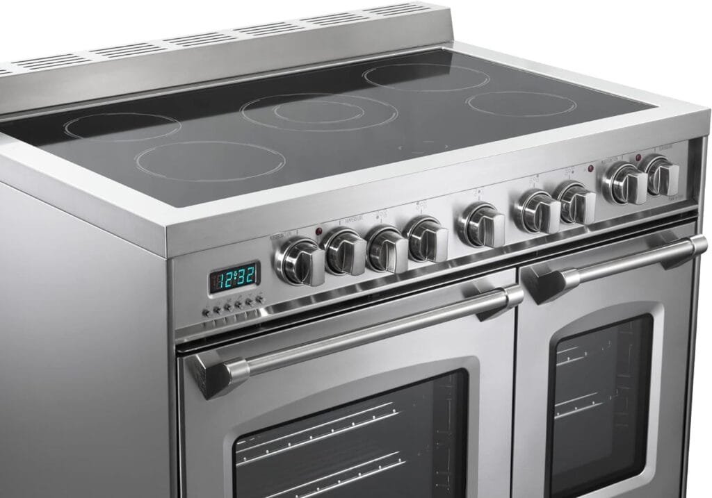 Verona Prestige Series VPFSEE365DSS 36 Inch All Electric Freestanding Range Double Oven Convection, Cooktop 5 Burners Dual Center Element Chrome Knobs and Handle Stainless Steel