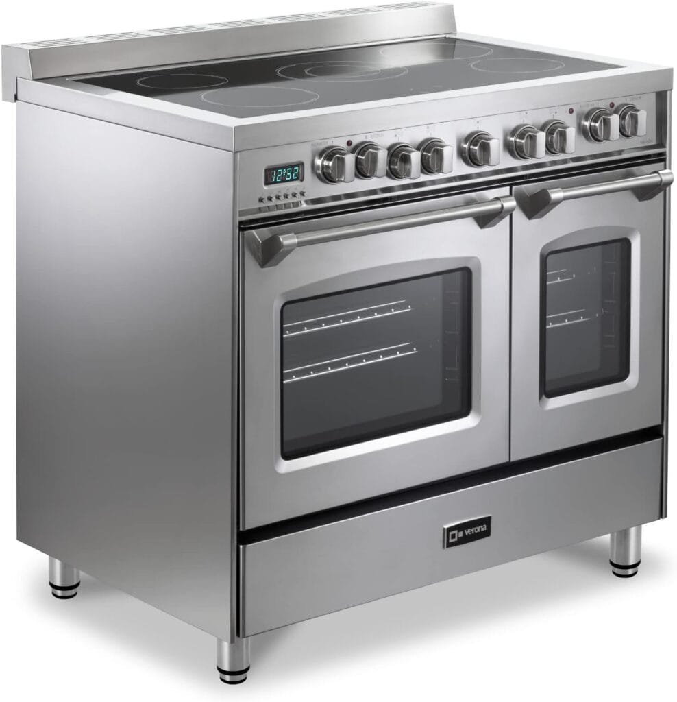 Verona Prestige Series VPFSEE365DSS 36 Inch All Electric Freestanding Range Double Oven Convection, Cooktop 5 Burners Dual Center Element Chrome Knobs and Handle Stainless Steel