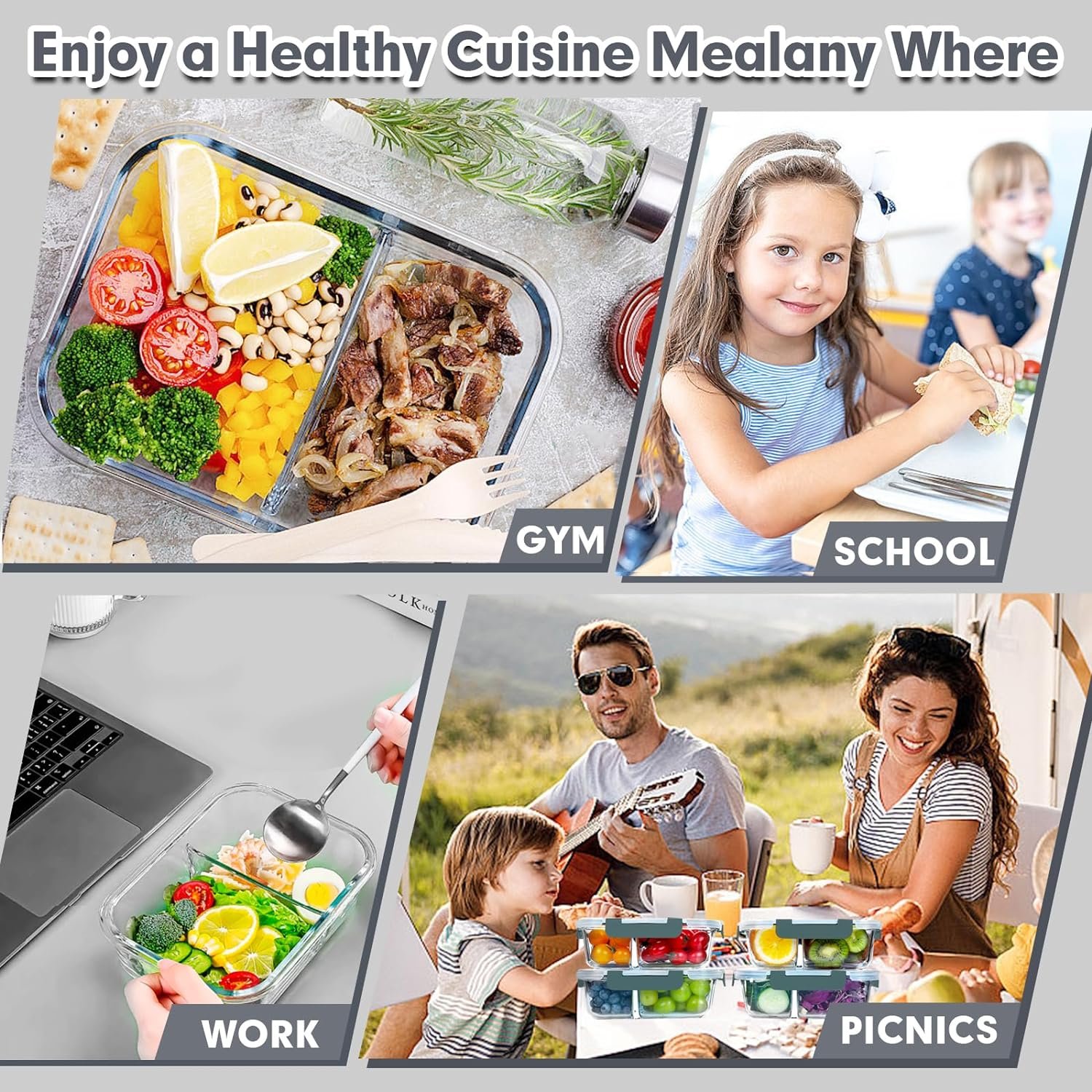 VERONES 5 Pack Glass Meal Prep Containers 2 Compartment Set, 36OZ Airtight Glass Lunch Containers, Glass Food Storage Containers with Lids, for Microwave, Oven, Freezer Dishwasher Friendly,Gray VERONES 5 Pack Glass Meal Prep Containers 2 Compartment Set, 36OZ Airtight Glass Lunch Containers, Glass Food Storage Containers with Lids, for Microwave, Oven, Freezer Dishwasher Friendly,Gray