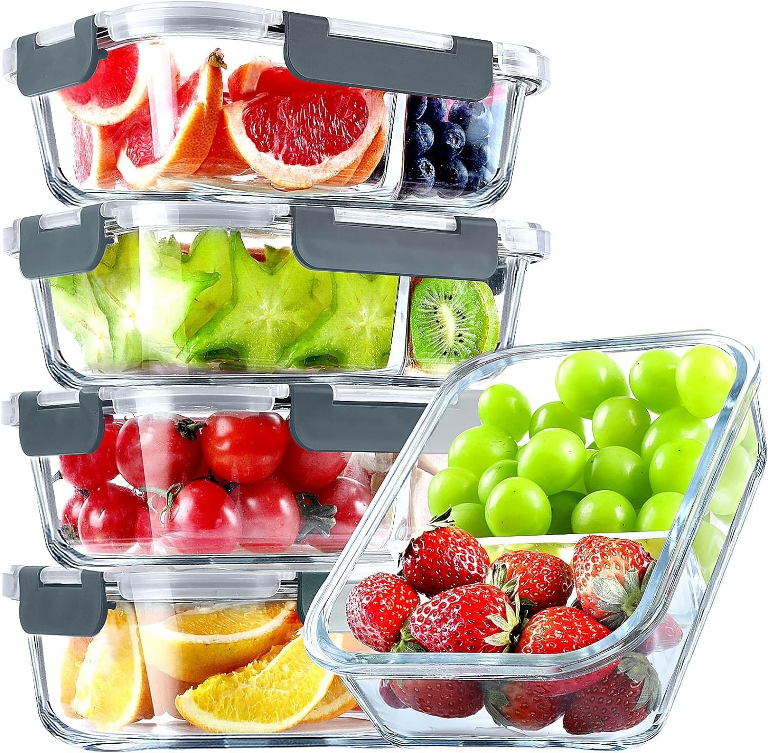 VERONES 5 Pack Glass Meal Prep Containers 2 Compartment Set, 36OZ Airtight Glass Lunch Containers, Glass Food Storage Containers with Lids, for Microwave, Oven, Freezer Dishwasher Friendly,Gray VERONES 5 Pack Glass Meal Prep Containers 2 Compartment Set, 36OZ Airtight Glass Lunch Containers, Glass Food Storage Containers with Lids, for Microwave, Oven, Freezer Dishwasher Friendly,Gray