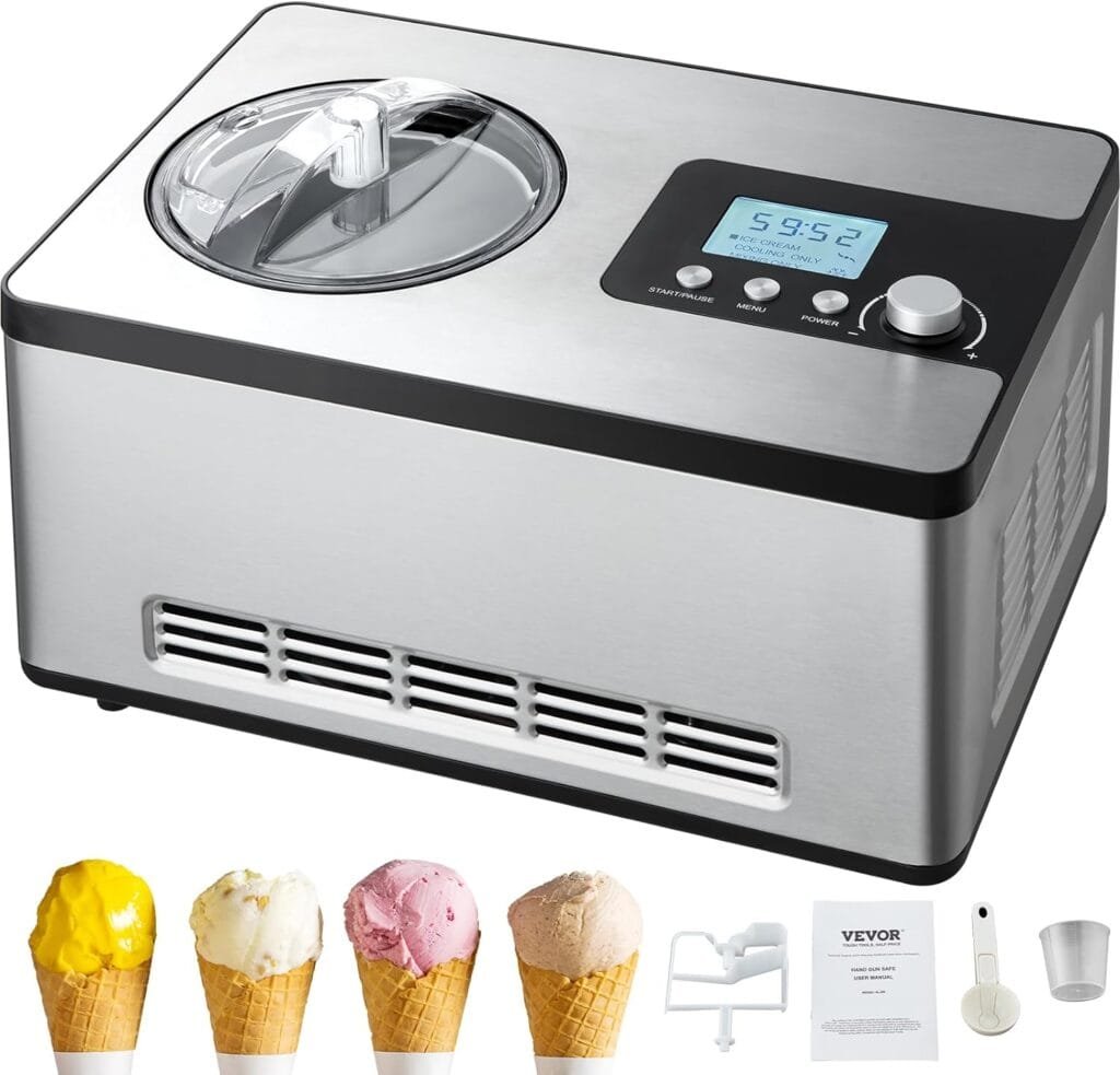 VEVOR Automatic Ice Cream Maker with Built-in Compressor, 2 Quart No Pre-freezing Fruit Yogurt Machine, Stainless Steel Electric Sorbet Maker, 3 Modes Gelato Maker with LCD Display  Timer, Silver