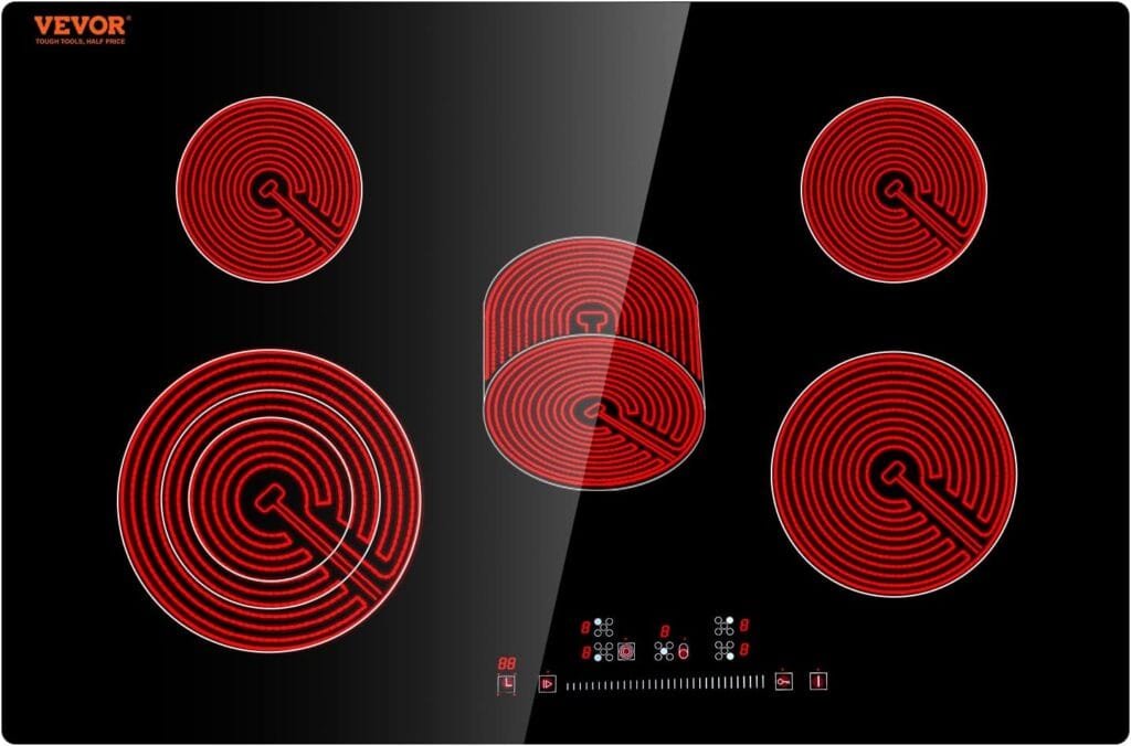 VEVOR Built in Electric Stove Top, 30 inch 5 Burners, 240V Glass Radiant Cooktop with Sensor Touch Control, Timer Child Lock Included, 9 Power Levels for Simmer Steam Slow Cook Fry VEVOR Built in Electric Stove Top, 30 inch 5 Burners, 240V Glass Radiant Cooktop with Sensor Touch Control, Timer Child Lock Included, 9 Power Levels for Simmer Steam Slow Cook Fry