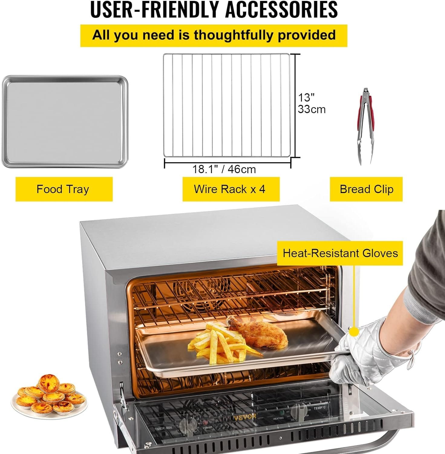 VEVOR Commercial Convection Oven, 21L/19Qt, Quarter-Size Conventional Oven Countertop, 1440W 3-Tier Toaster w/Front Glass Door, Electric Baking Oven w/Trays Wire Racks Clip Gloves, 120V