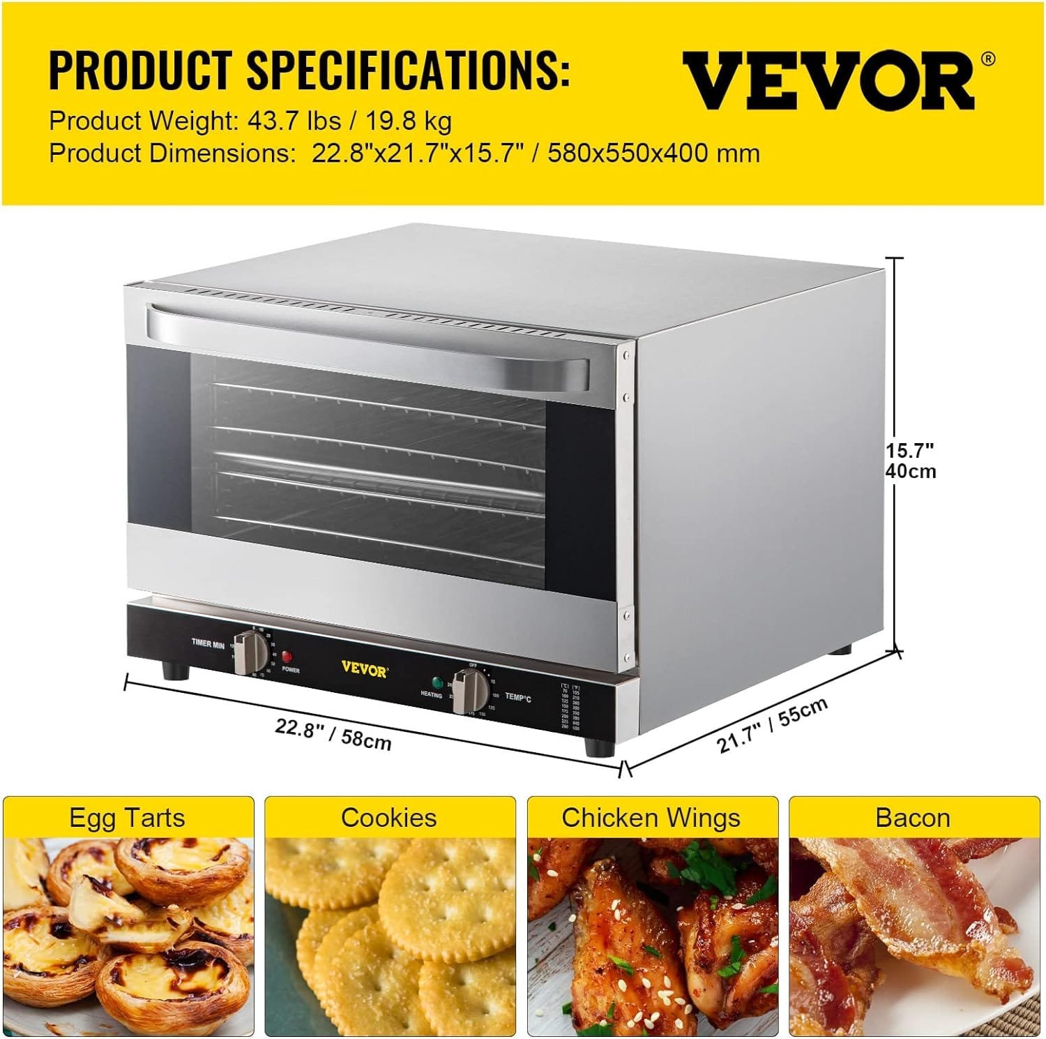 VEVOR Commercial Convection Oven, 21L/19Qt, Quarter-Size Conventional Oven Countertop, 1440W 3-Tier Toaster w/Front Glass Door, Electric Baking Oven w/Trays Wire Racks Clip Gloves, 120V