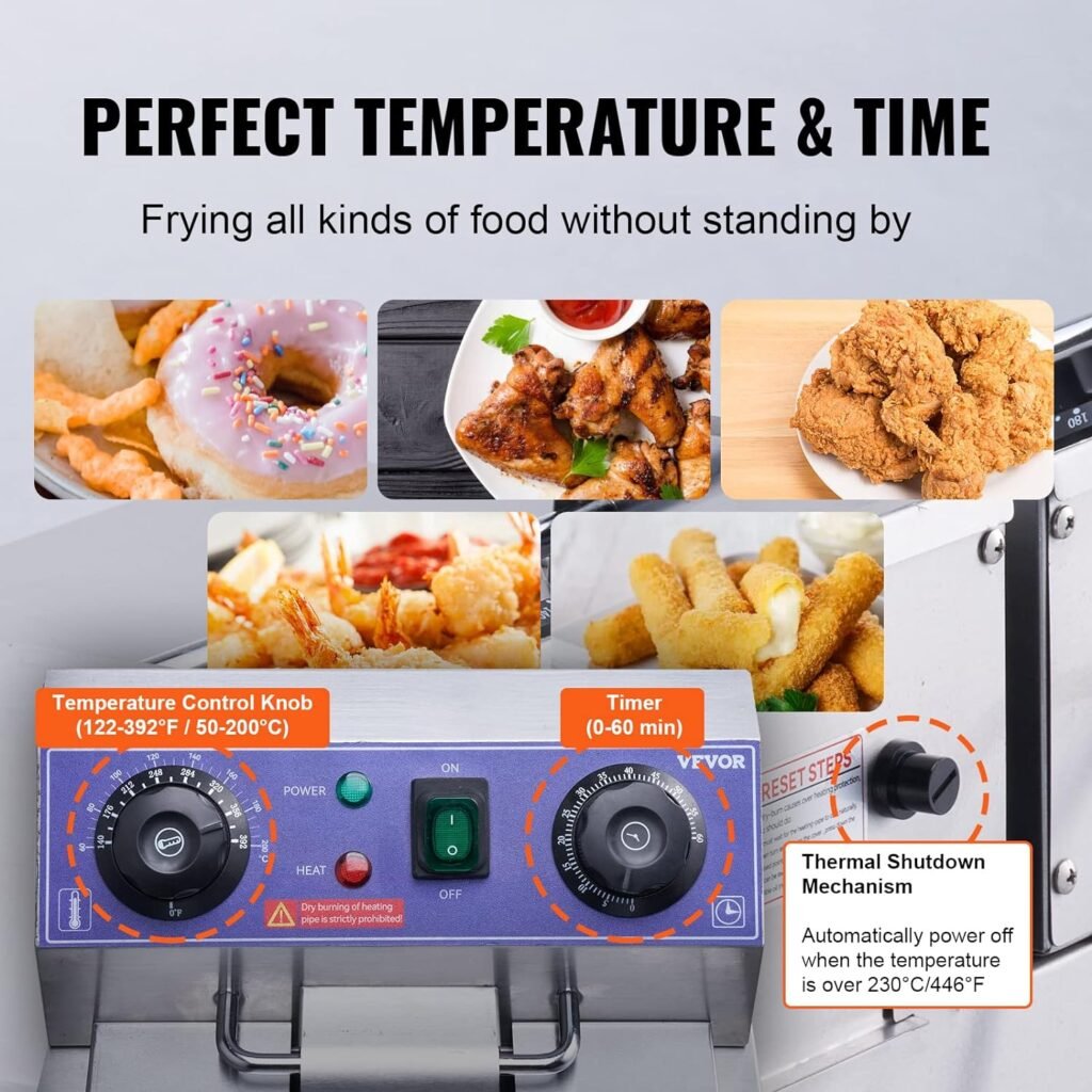 VEVOR Commercial Electric Deep Fryer, 24L 3000W w/Dual Removable Basket, Stainless Steel Electric Countertop Fryer w/Time Control and Oil Filtration, Deep Fryer for Commercial Restaurant Use, Silver