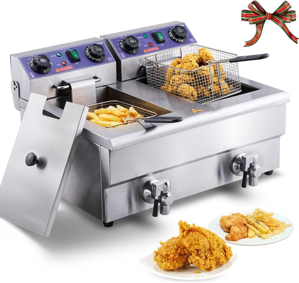 VEVOR Commercial Electric Deep Fryer, 24L 3000W w/Dual Removable Basket, Stainless Steel Electric Countertop Fryer w/Time Control and Oil Filtration, Deep Fryer for Commercial Restaurant Use, Silver