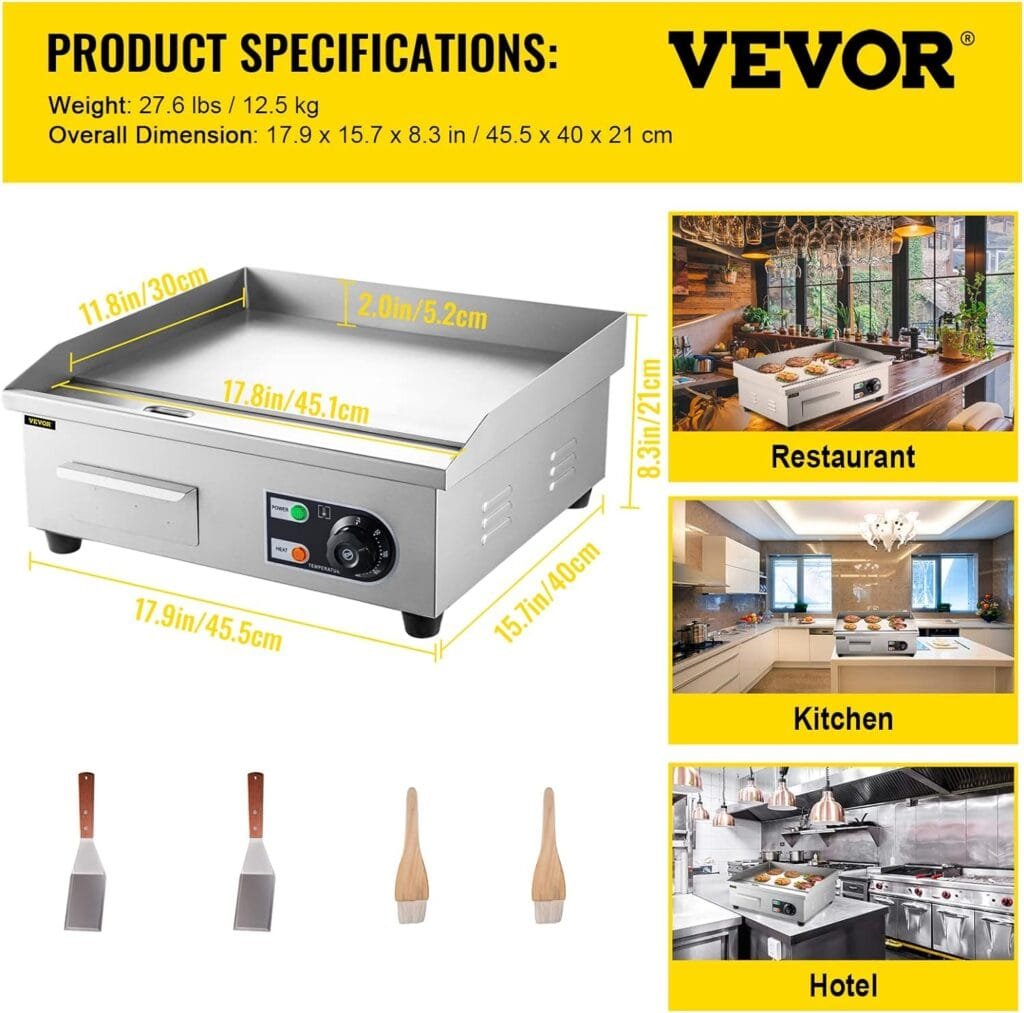 VEVOR Commercial Electric Griddle, 18 Teppanyaki Grill, 1600W Electric Flat Top Grill, Stainless Steel Electric Countertop Griddle w/Drip Hole, 50-300℃ Countertop Griddle for Pancake, Chicken