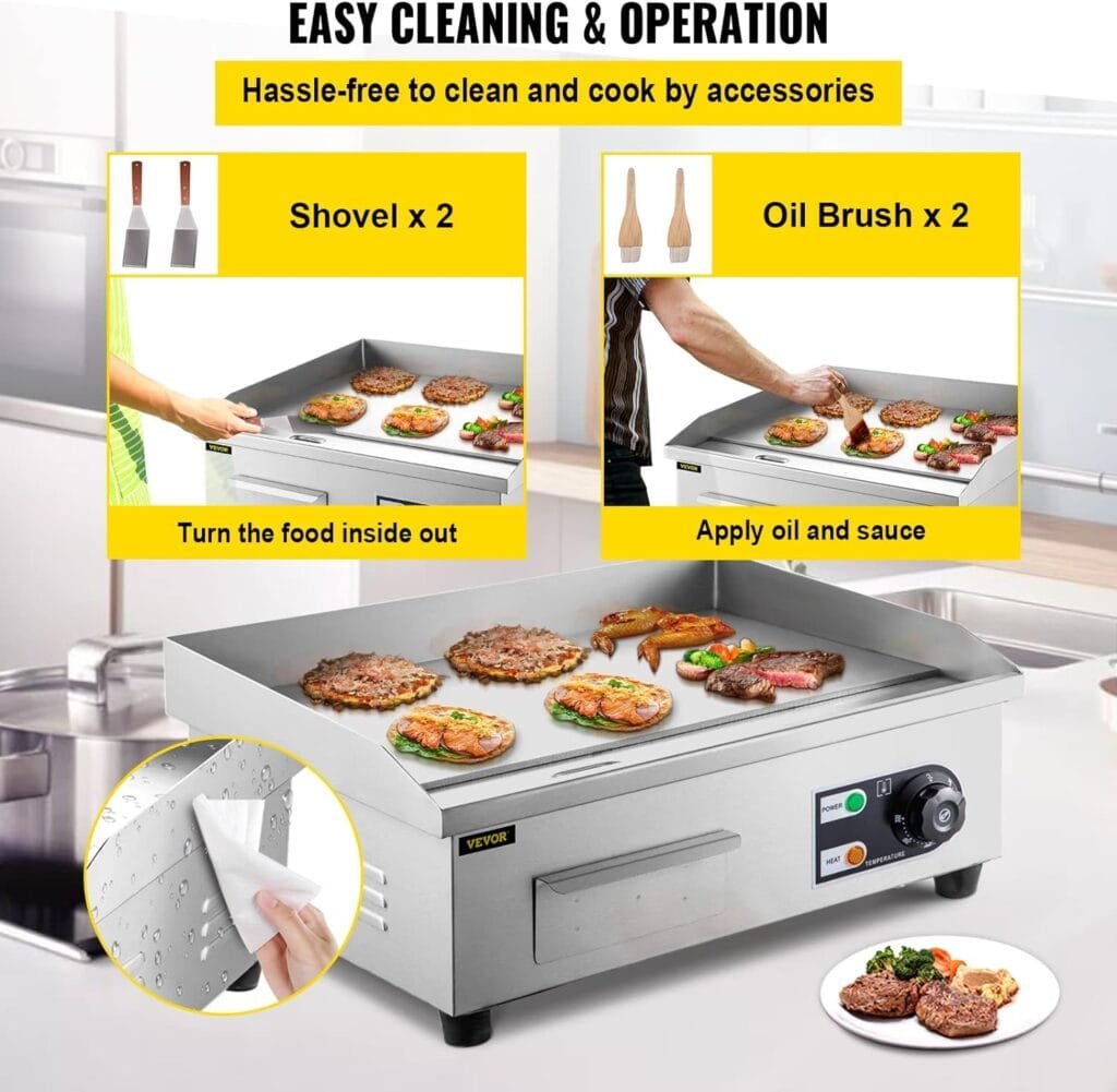 VEVOR Commercial Electric Griddle, 18 Teppanyaki Grill, 1600W Electric Flat Top Grill, Stainless Steel Electric Countertop Griddle w/Drip Hole, 50-300℃ Countertop Griddle for Pancake, Chicken