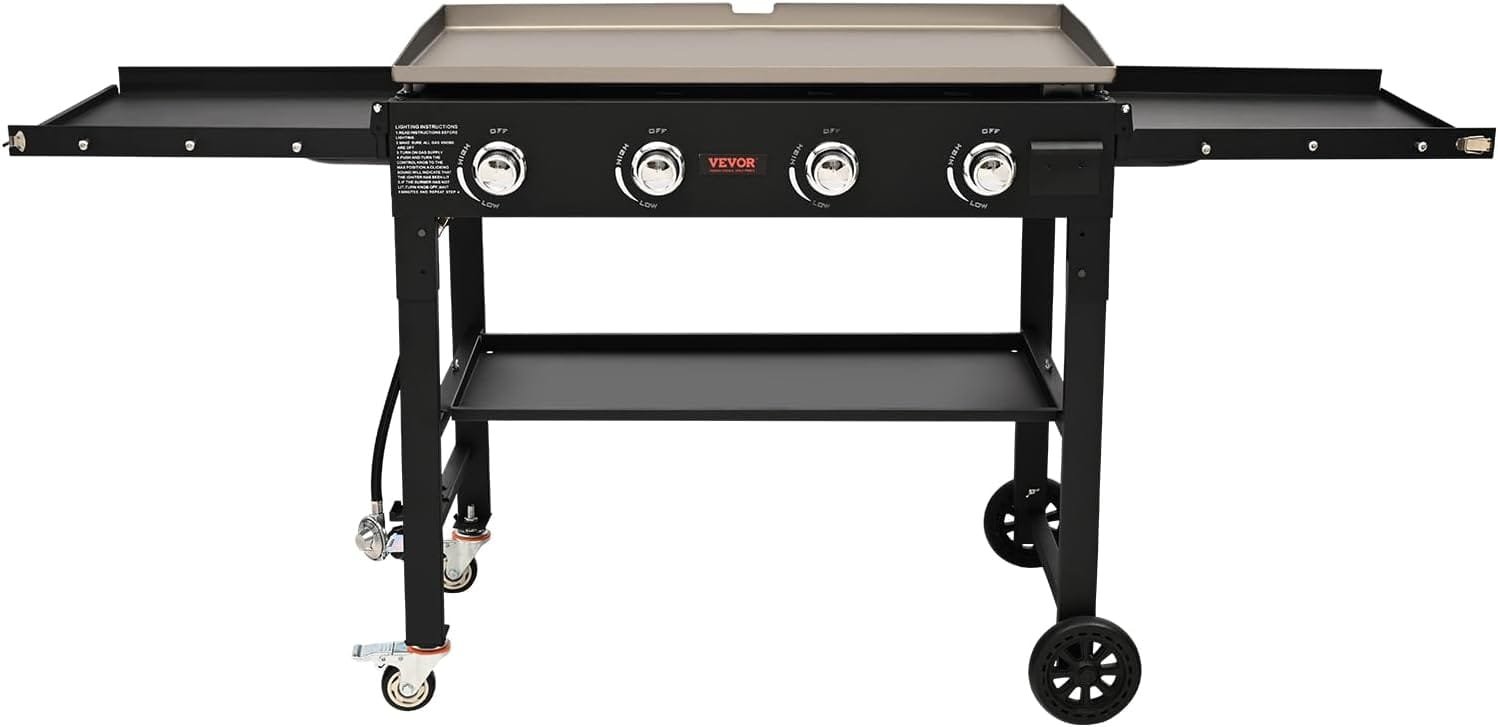 VEVOR Commercial Griddle on Cart, 36 Heavy Duty Manual Flat Top Griddle, Outdoor Cooking Station with Side Shelves, Steel Natural Gas Griddle, 4-Burners Restaurant Portable Grill - 60,000 BTU VEVOR Commercial Griddle on Cart, 36 Heavy Duty Manual Flat Top Griddle, Outdoor Cooking Station with Side Shelves, Steel Natural Gas Griddle, 4-Burners Restaurant Portable Grill - 60,000 BTU