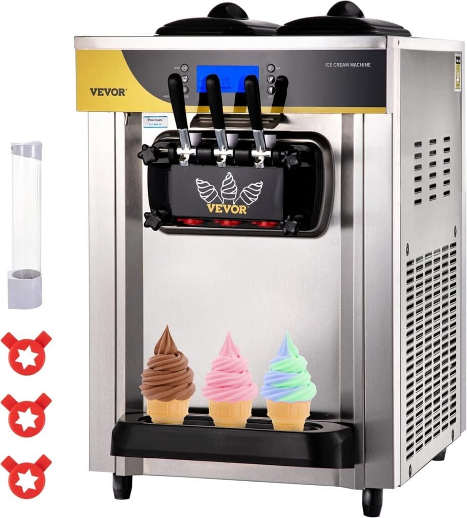 VEVOR Commercial Ice Cream Maker, 22-30L/H Yield, 2200W Countertop Soft Serve Machine w/ 2x6L Hopper 2L Cylinder LCD Panel Puffing Shortage Alarm, Frozen Yogurt Maker for Restaurant Snack Bar, Silver