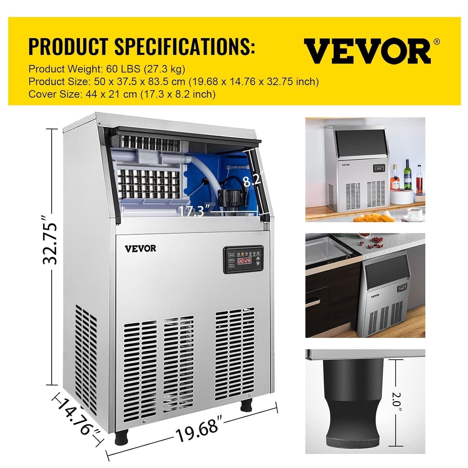 VEVOR Commercial Ice Maker Machine, 120-130LBS/24H with 33LBS Bin, Stainless Steel Automatic Operation Commercial Ice Maker for Home Bar Restaurant, Include Water Filter, Scoop, Connection Hose