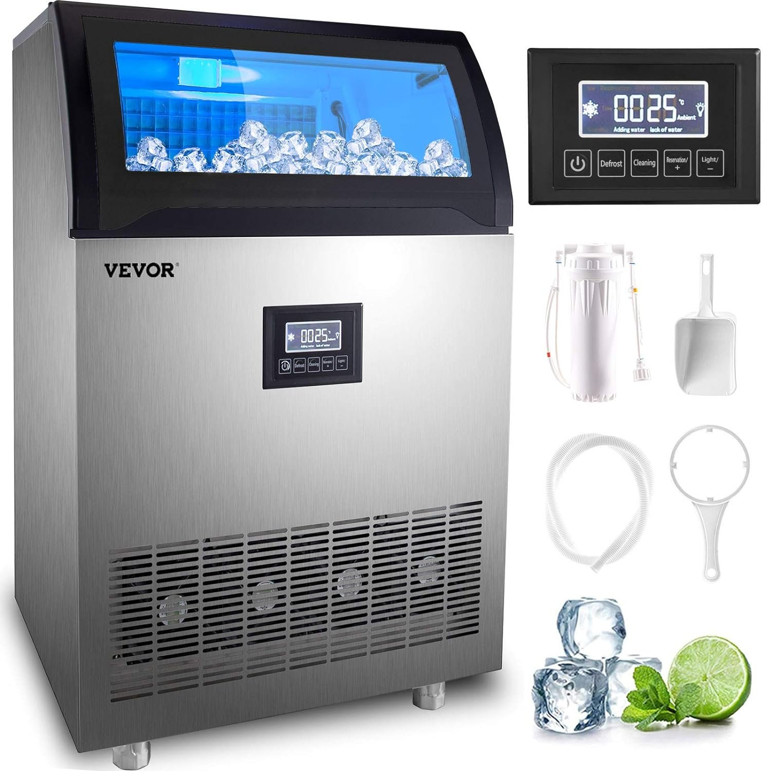 VEVOR Commercial Ice Maker Machine 265LBS/24H, 750W Stainless Steel Ice Machine with 55LBS Storage Capacity, 126 Ice Cubes Ready in 11-15Mins, Includes Water Filter and Connection Hose