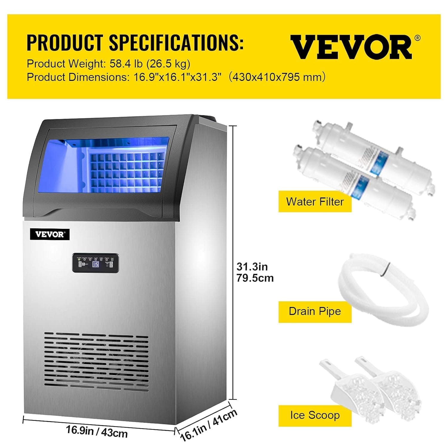 VEVOR Commercial Ice Maker Machine 265LBS/24H, 750W Stainless Steel Ice Machine with 55LBS Storage Capacity, 126 Ice Cubes Ready in 11-15Mins, Includes Water Filter and Connection Hose