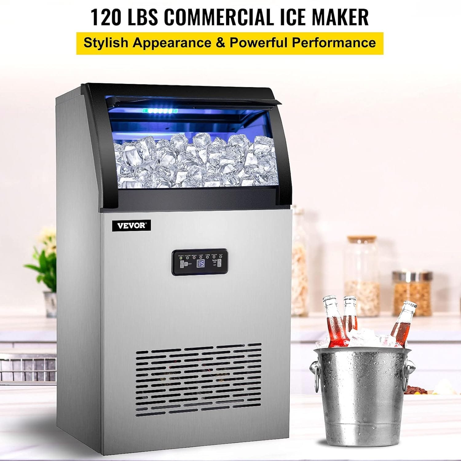 VEVOR Commercial Ice Maker Machine 265LBS/24H, 750W Stainless Steel Ice Machine with 55LBS Storage Capacity, 126 Ice Cubes Ready in 11-15Mins, Includes Water Filter and Connection Hose