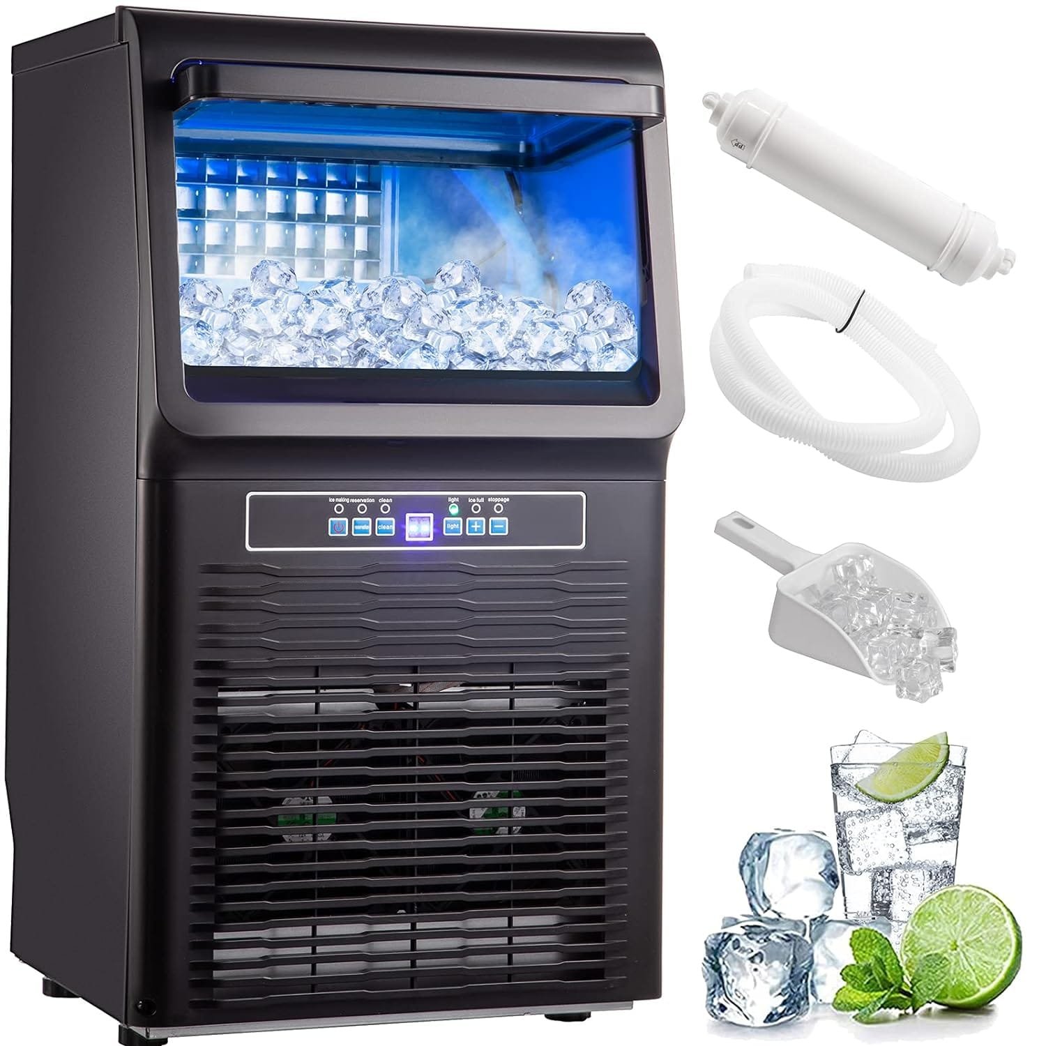 VEVOR Commercial Ice Maker Machine 265LBS/24H, 750W Stainless Steel Ice Machine with 55LBS Storage Capacity, 126 Ice Cubes Ready in 11-15Mins, Includes Water Filter and Connection Hose