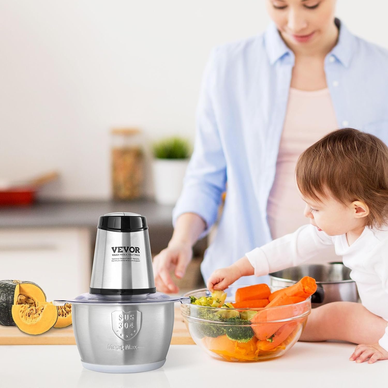 VEVOR Food Processor, Mini Electric Chopper 400W, 2 Speeds Electric Meat Grinder, Stainless Steel Meat Blender, for Baby Food, Meat, Onion, Vegetables, 8 Cup + 5 Cup
