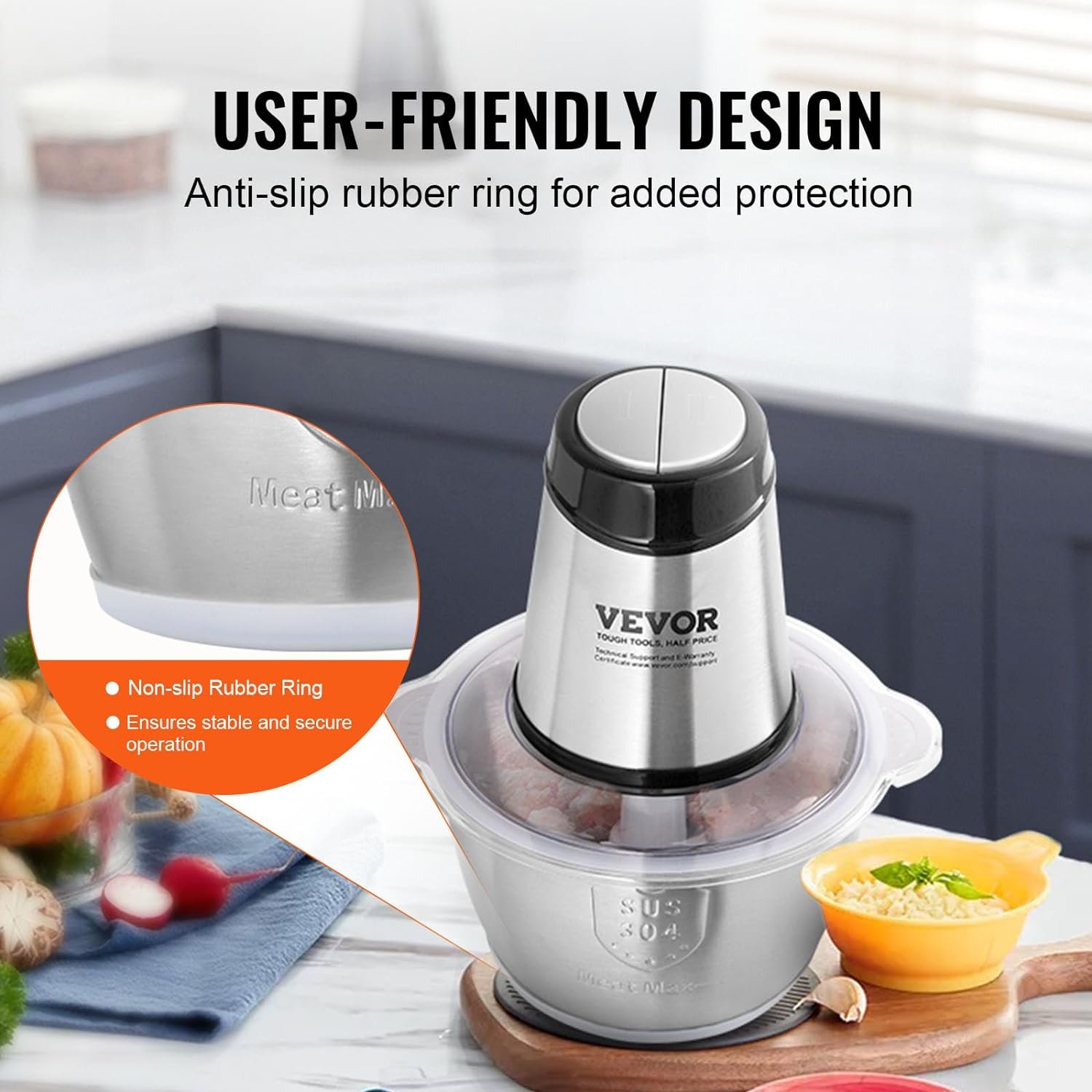 VEVOR Food Processor, Mini Electric Chopper 400W, 2 Speeds Electric Meat Grinder, Stainless Steel Meat Blender, for Baby Food, Meat, Onion, Vegetables, 8 Cup + 5 Cup
