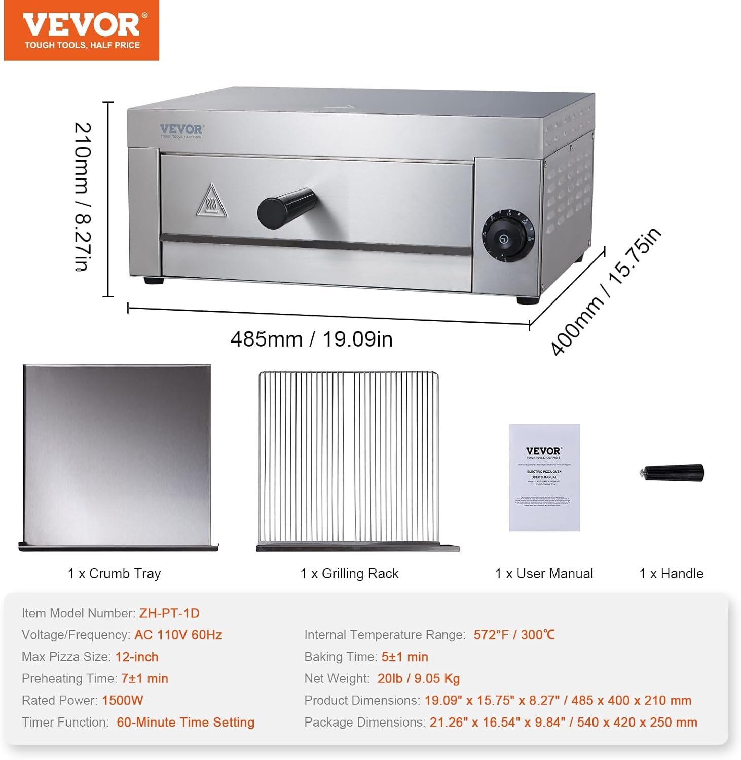 VEVOR Pizza Oven Electric - 12 Inch Indoor Countertop Pizzaofen with Timer Adjust Temp 122-572℉, 1500W Instant Pizzazz Maker with Handle, Crumb Tray, 360° Uniform Bake Cooker for Commercial Diner
