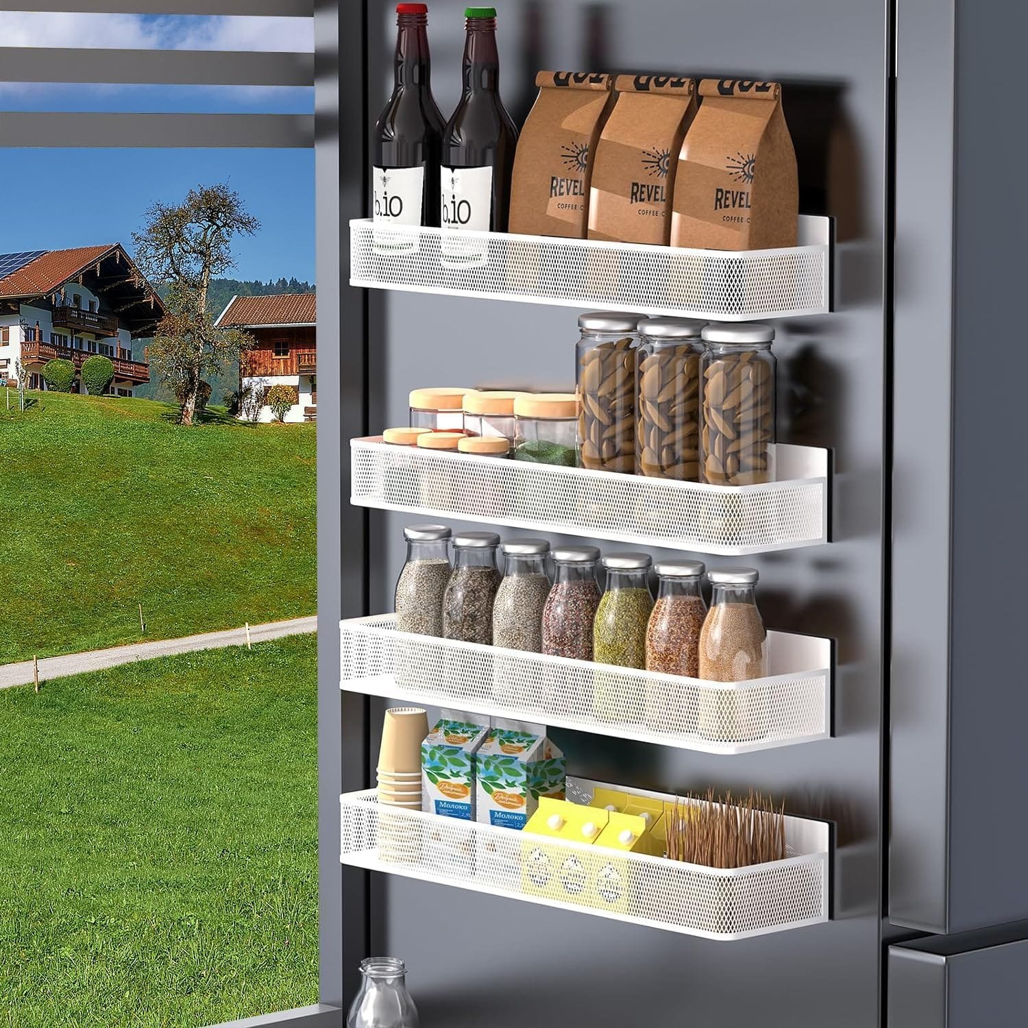 Villepni Magnetic Spice Rack for Refrigerator, 4 Pack Magnetic Spice Rack Organizer, Moveable Magnetic Fridge Organizer Rack with Hooks Spice Organizer for Kitchen Storage-white