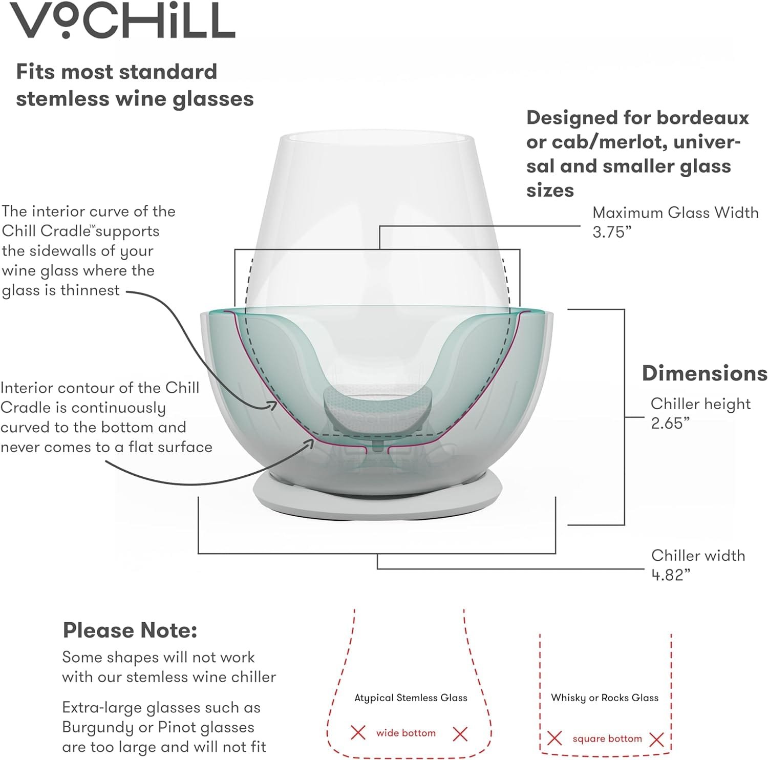 VoChill Stemless Wine Glass Chiller | Keep the Chill In Your Glass | New Wine Accessory | Separable  Refreezable Chill Cradle | Actively Chills Stemless Glassware | Quartz, Single Stemless