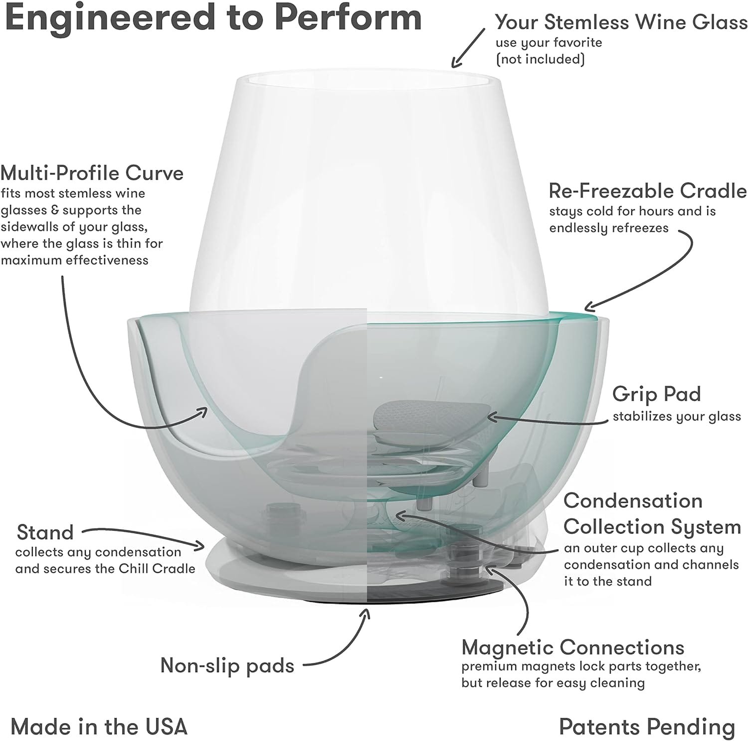VoChill Stemless Wine Glass Chiller | Keep the Chill In Your Glass | New Wine Accessory | Separable  Refreezable Chill Cradle | Actively Chills Stemless Glassware | Quartz, Single Stemless