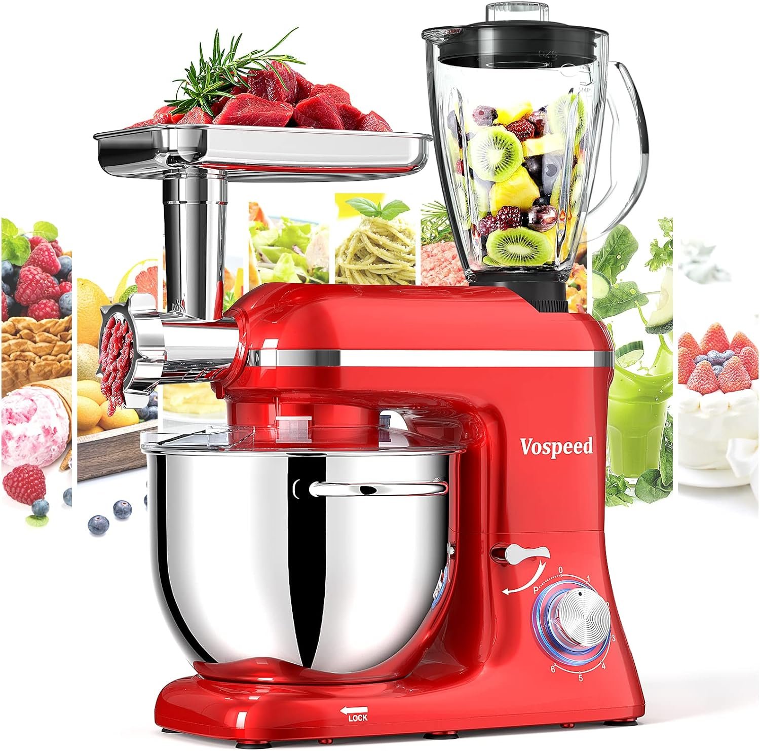 Vospeed 9 IN 1 Stand Mixer, 850W Tilt-Head Multifunctional Electric Mixer with 7.5 QT Stainless Steel Bowl, 1.5L Glass Jar, Meat Grinder, Hook, Whisk, Beater Dishwasher Safe - Red Vospeed 9 IN 1 Stand Mixer, 850W Tilt-Head Multifunctional Electric Mixer with 7.5 QT Stainless Steel Bowl, 1.5L Glass Jar, Meat Grinder, Hook, Whisk, Beater Dishwasher Safe - Red