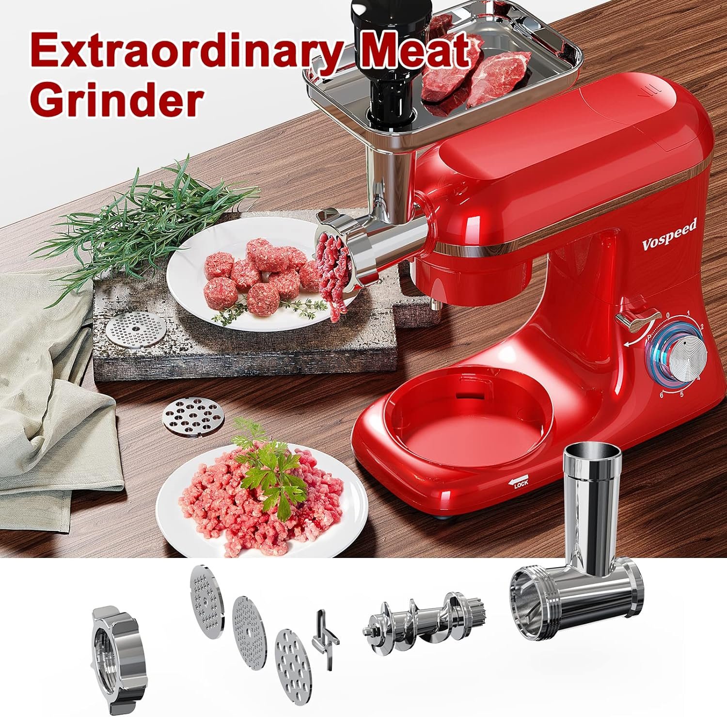 Vospeed 9 IN 1 Stand Mixer, 850W Tilt-Head Multifunctional Electric Mixer with 7.5 QT Stainless Steel Bowl, 1.5L Glass Jar, Meat Grinder, Hook, Whisk, Beater Dishwasher Safe - Red Vospeed 9 IN 1 Stand Mixer, 850W Tilt-Head Multifunctional Electric Mixer with 7.5 QT Stainless Steel Bowl, 1.5L Glass Jar, Meat Grinder, Hook, Whisk, Beater Dishwasher Safe - Red