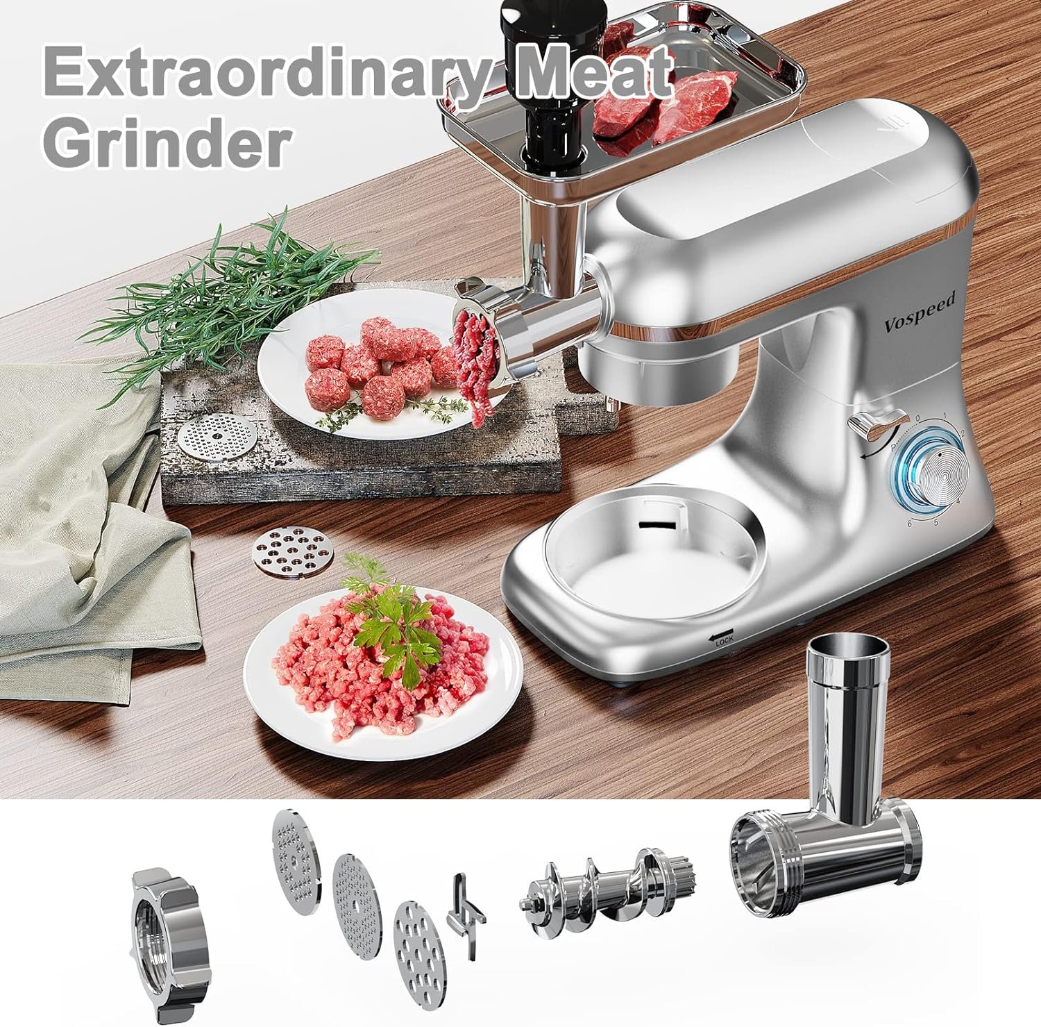 Vospeed 9 IN 1 Stand Mixer, 850W Tilt-Head Multifunctional Electric Mixer with 7.5 QT Stainless Steel Bowl, 1.5L Glass Jar, Meat Grinder, Hook, Whisk, Beater Dishwasher Safe - Red Vospeed 9 IN 1 Stand Mixer, 850W Tilt-Head Multifunctional Electric Mixer with 7.5 QT Stainless Steel Bowl, 1.5L Glass Jar, Meat Grinder, Hook, Whisk, Beater Dishwasher Safe - Red