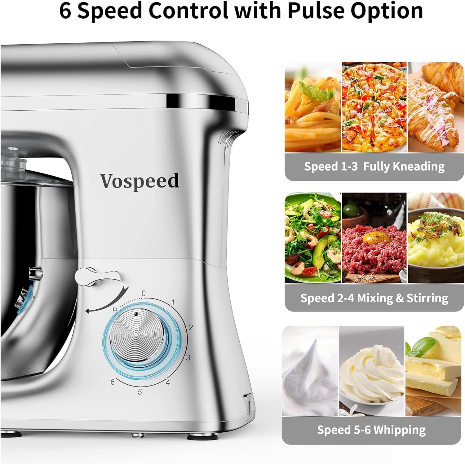 Vospeed 9 IN 1 Stand Mixer, 850W Tilt-Head Multifunctional Electric Mixer with 7.5 QT Stainless Steel Bowl, 1.5L Glass Jar, Meat Grinder, Hook, Whisk, Beater Dishwasher Safe - Silver Vospeed 9 IN 1 Stand Mixer, 850W Tilt-Head Multifunctional Electric Mixer with 7.5 QT Stainless Steel Bowl, 1.5L Glass Jar, Meat Grinder, Hook, Whisk, Beater Dishwasher Safe - Silver